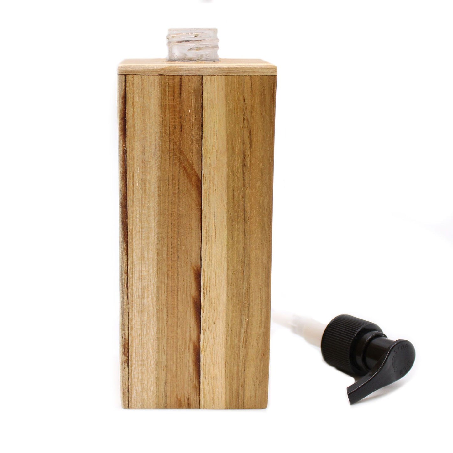 Natural teakwood square soap dispenser with a black pump.