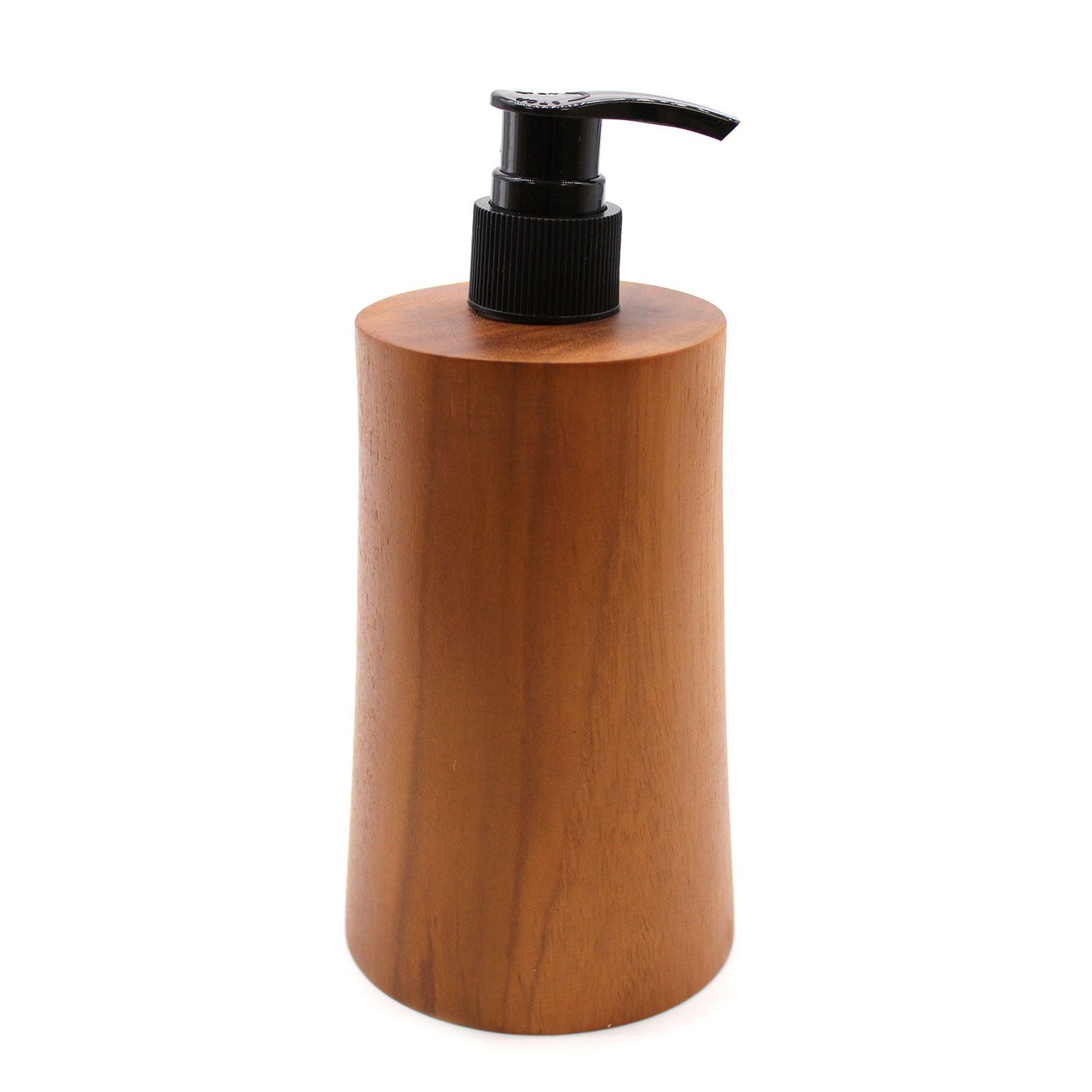 Natural teakwood soap dispenser with a black pump.