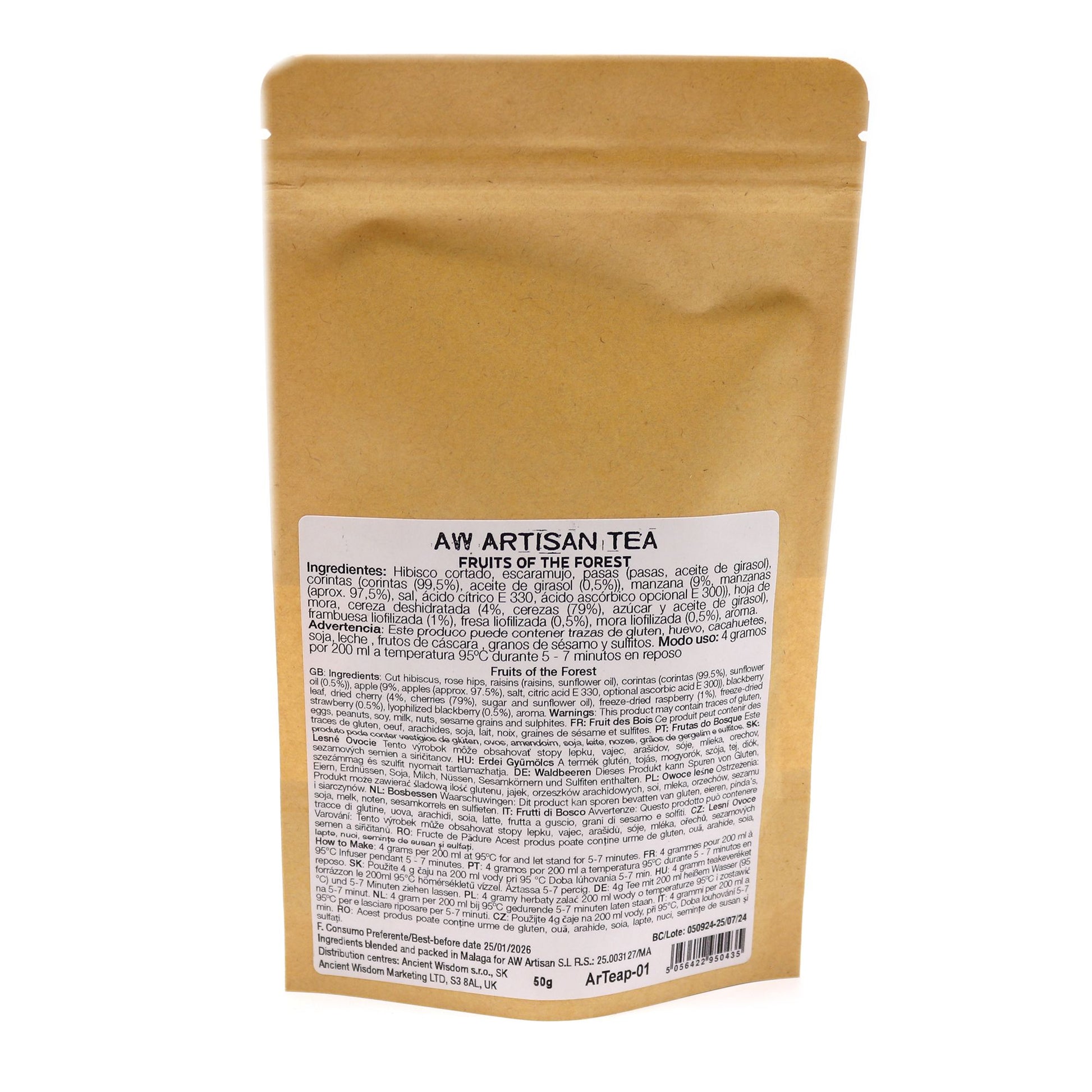 Druid's Forest Blend tea in a brown pouch with ingredient and brewing instructions.
