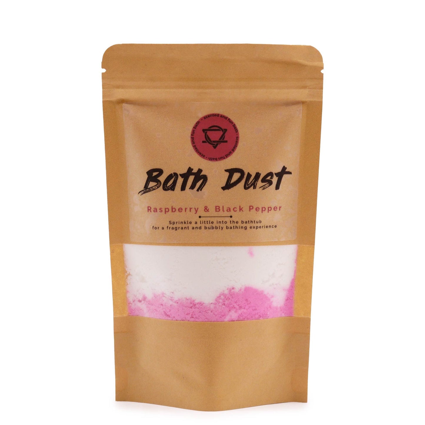 Brown pouch of Raspberry & Black Pepper Bath Dust with pink and white powder.