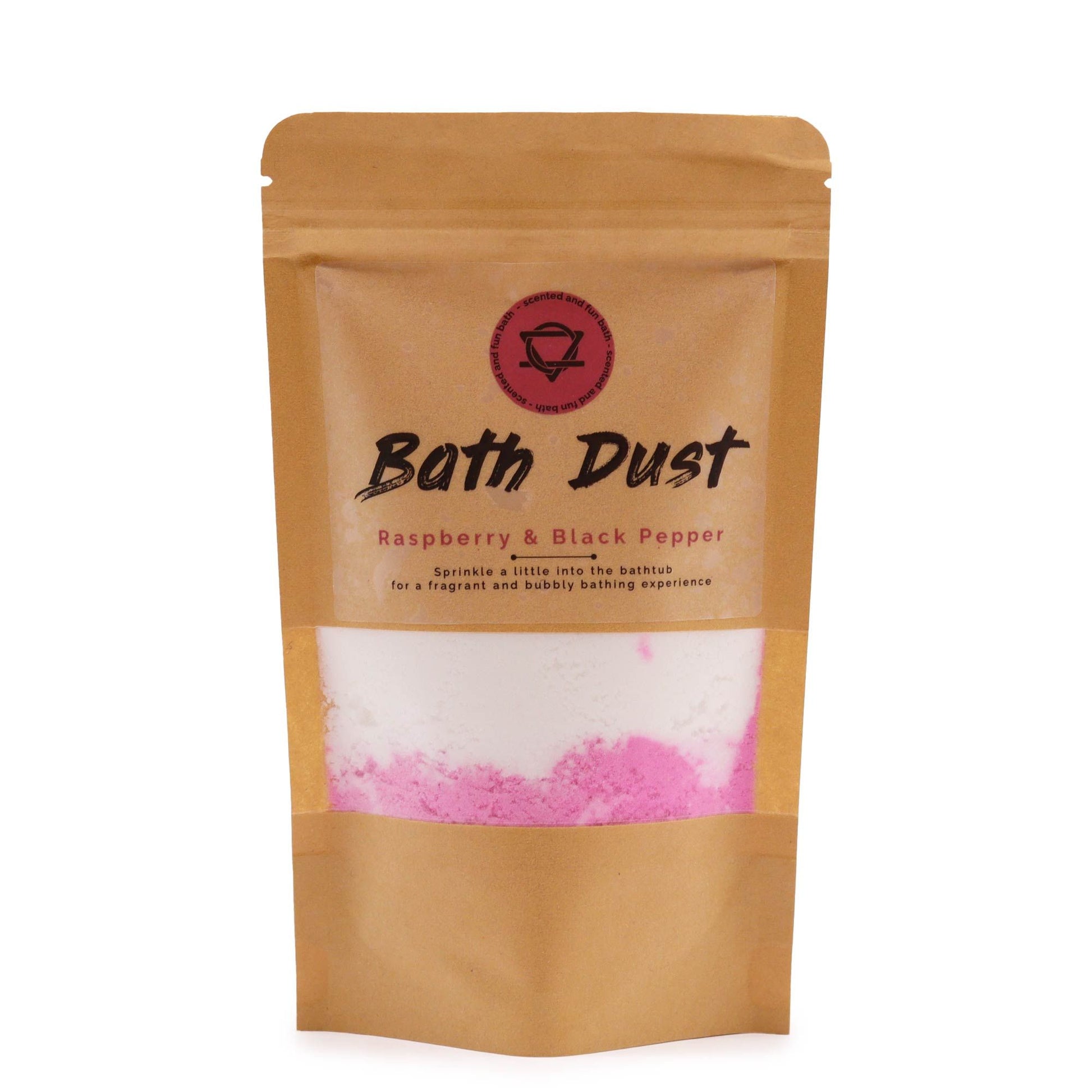 Brown pouch of Raspberry & Black Pepper Bath Dust with pink and white powder.