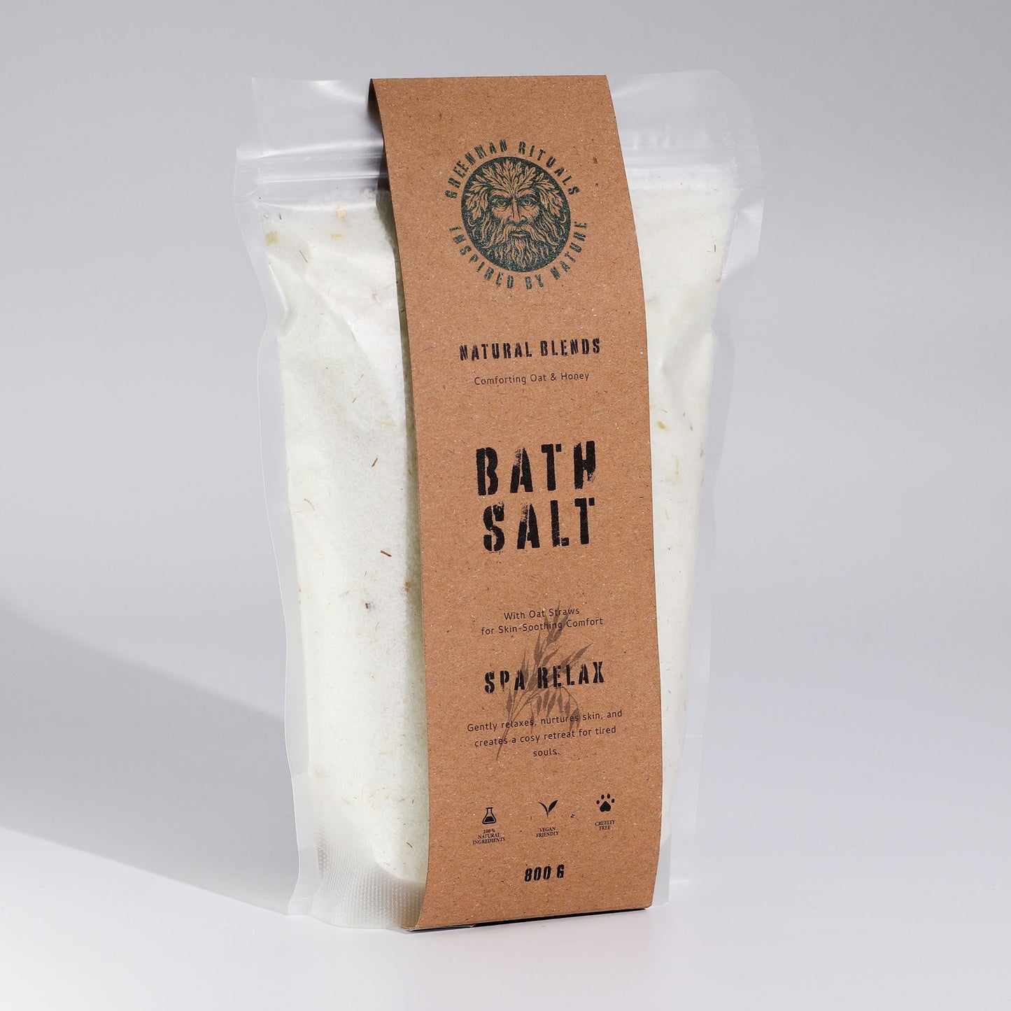 Greenman Rituals Oat & Honey Bath Salt pouch with a kraft paper label.