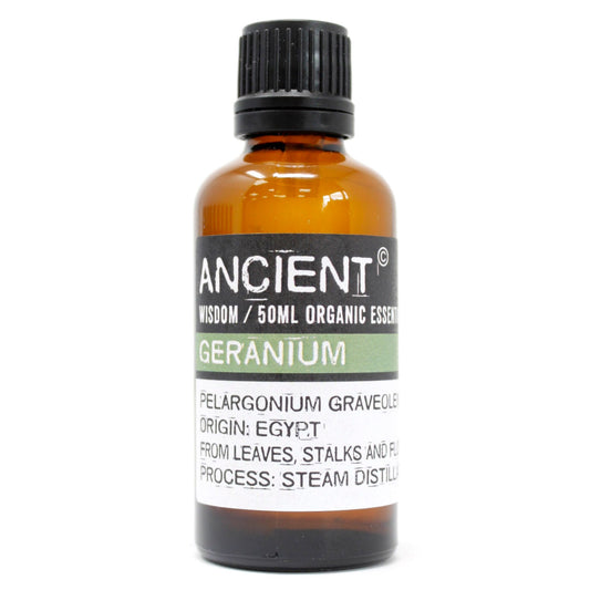 Amber bottle of Ancient Wisdom Geranium essential oil, 50ml.
