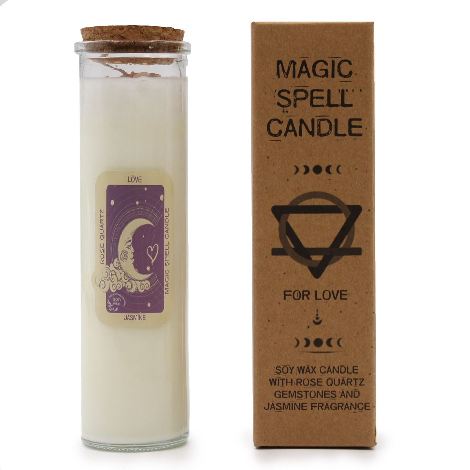 Ritualkerze Love mit Rosenquarz, Mondmotiv und Jasmin Duft.