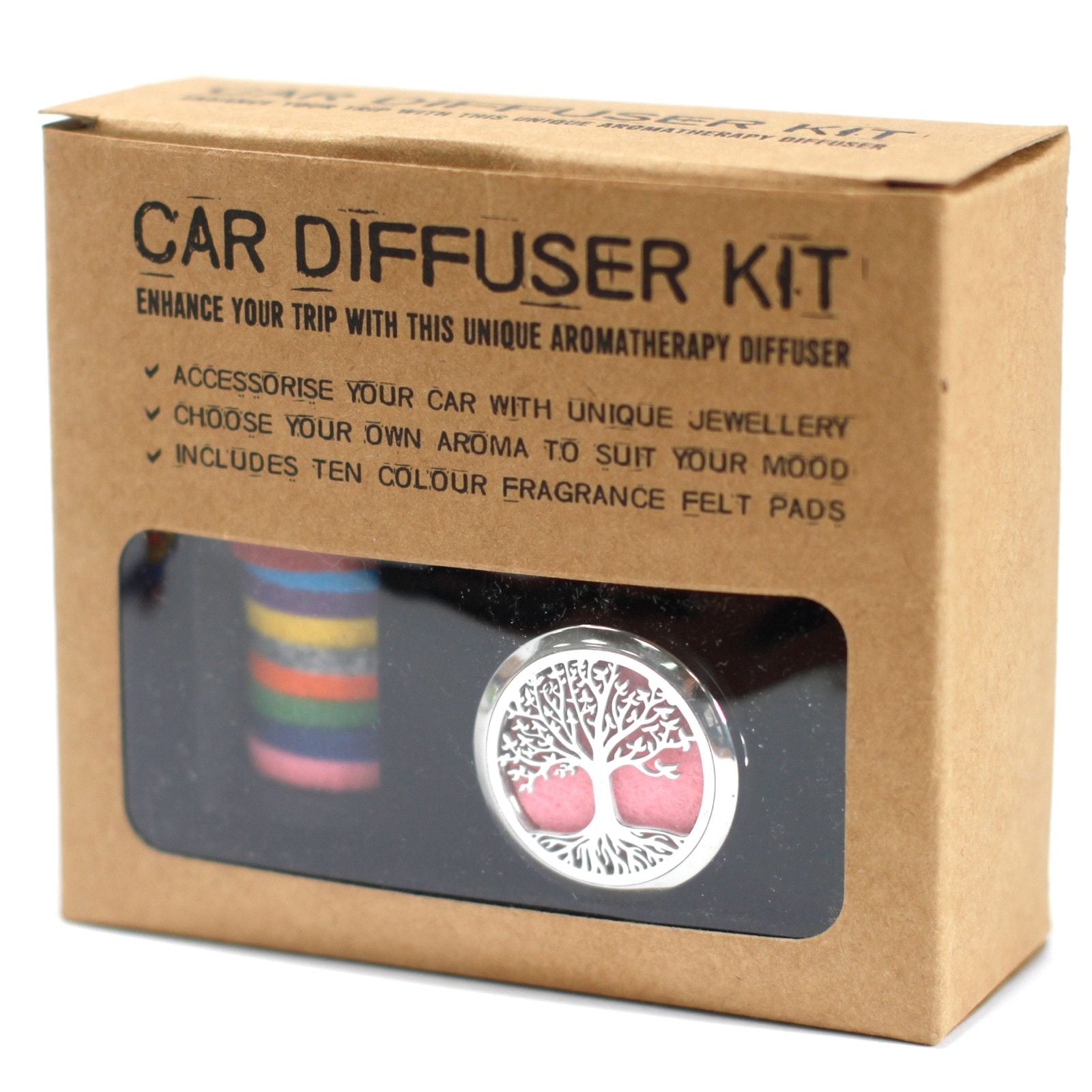 Auto-Aroma-Diffuser mit Lebensblumen-Design und bunten Filz-Pads.
