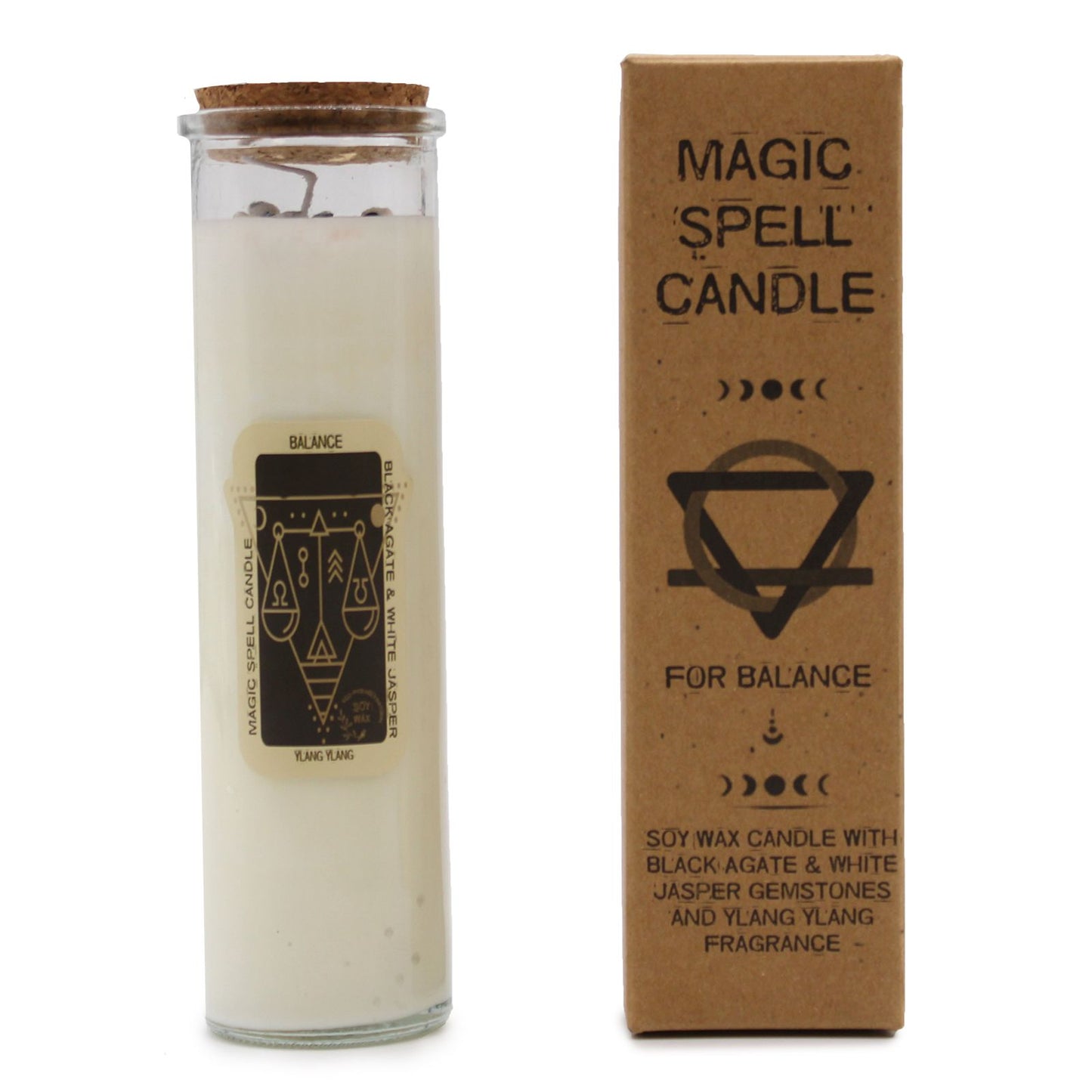 Ritualkerze für Balance mit Edelsteinen und Ylang Ylang Duft.
