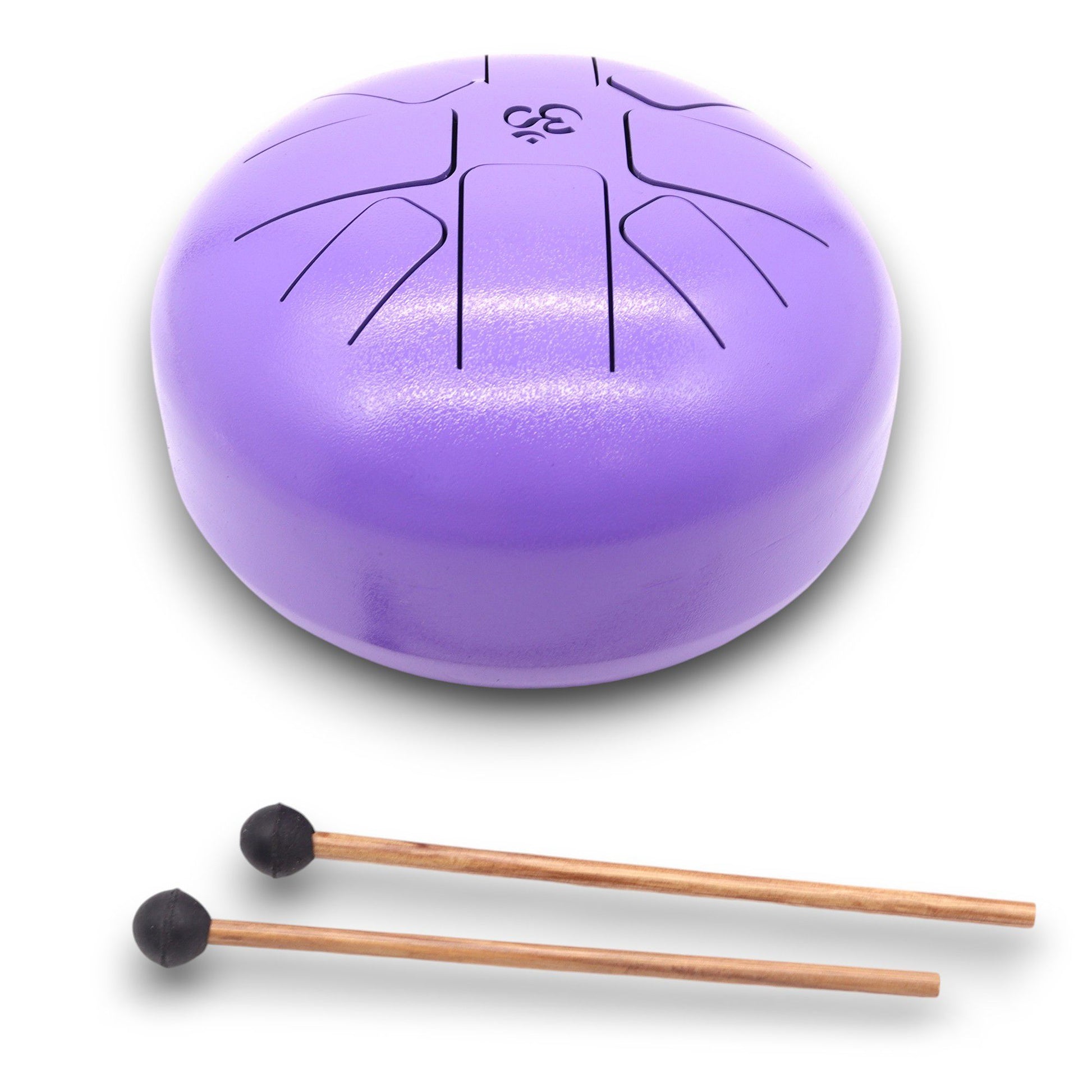 Violette Stahlzungentrommel mit Om-Symbol und zwei Holzschlägeln.