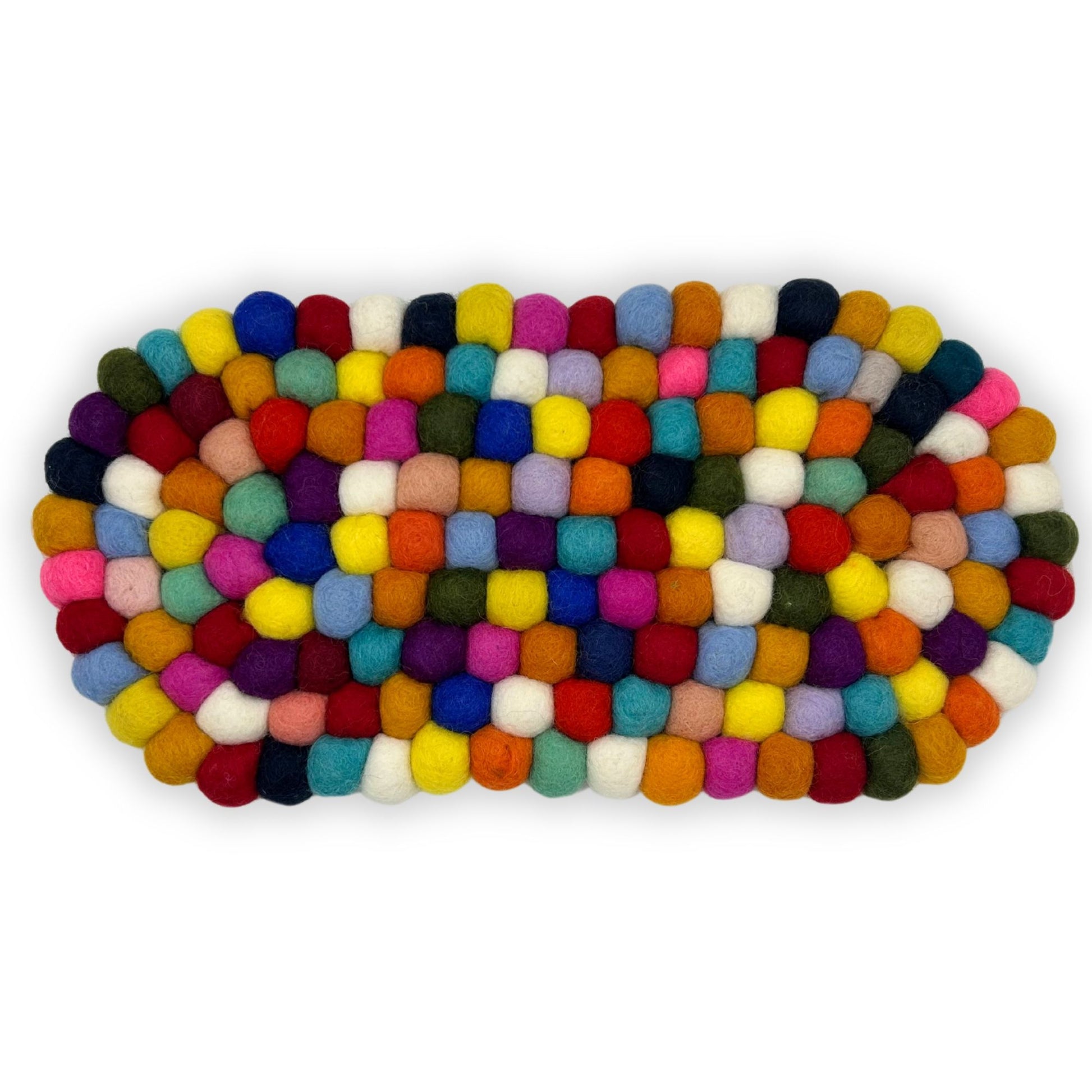 Multi-colored oval felt ball mat.