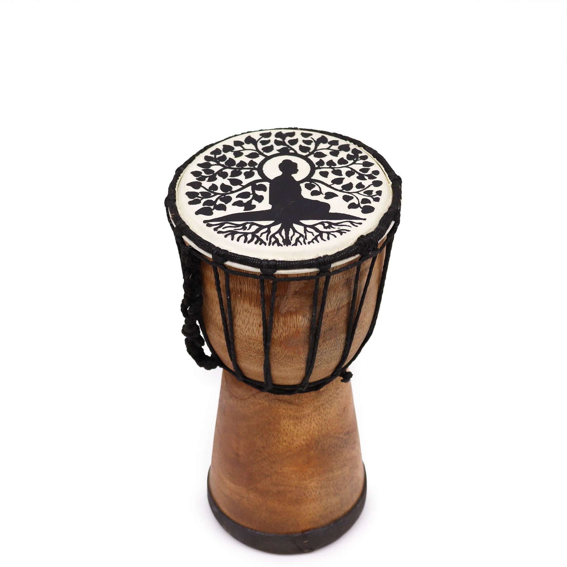 Handmade djembe drum with a Buddha tree design on the head.