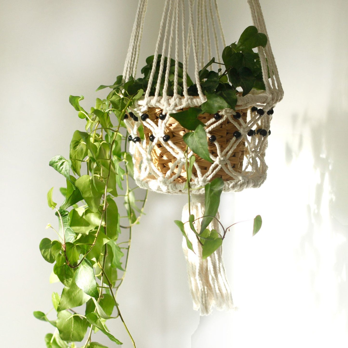 Großer Makramee-Blumentopfhalter mit Holzperlen und grüner Pflanze.