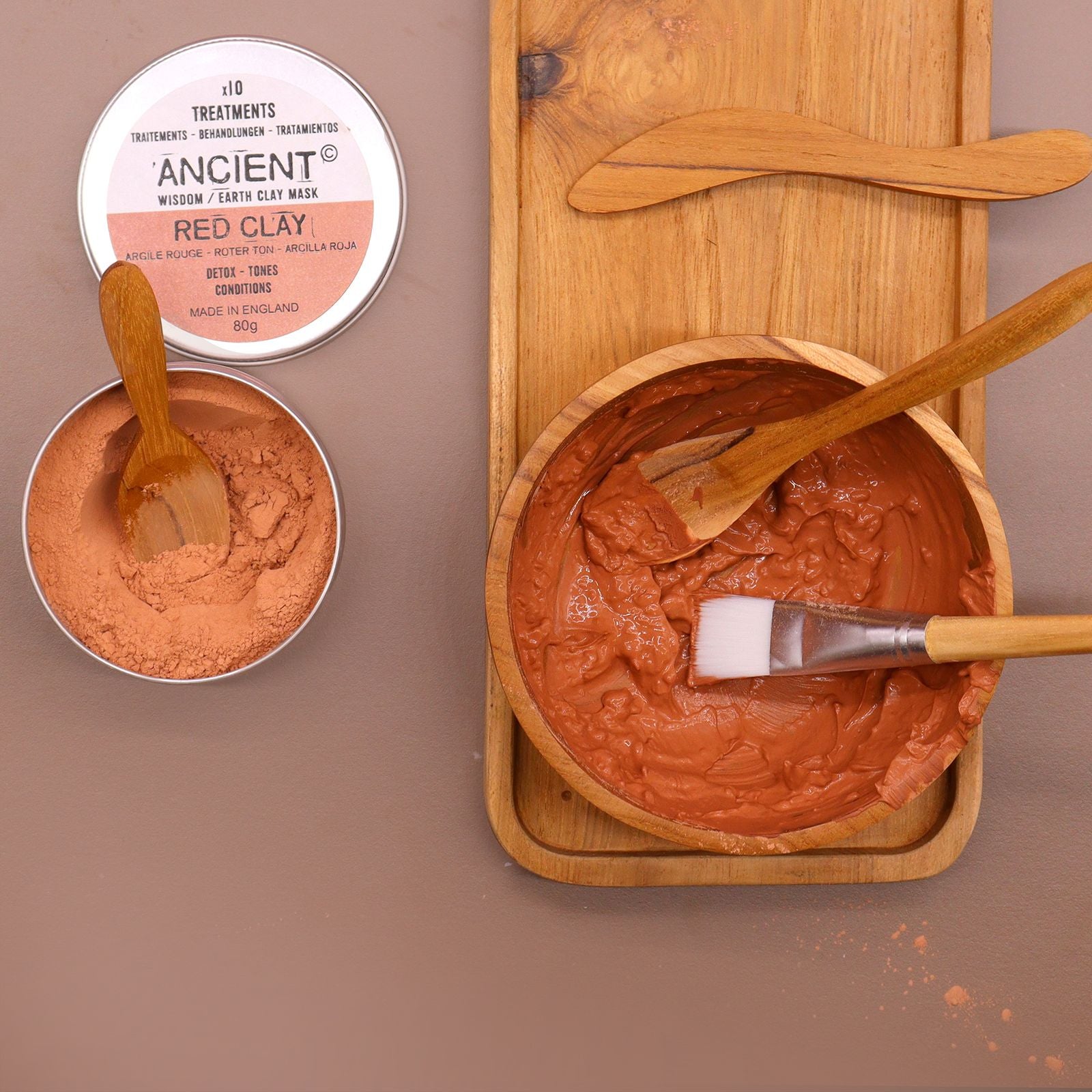 Teakholz-Spa-Set mit Schale, Löffel, Pinsel und Holzspatel für Masken.