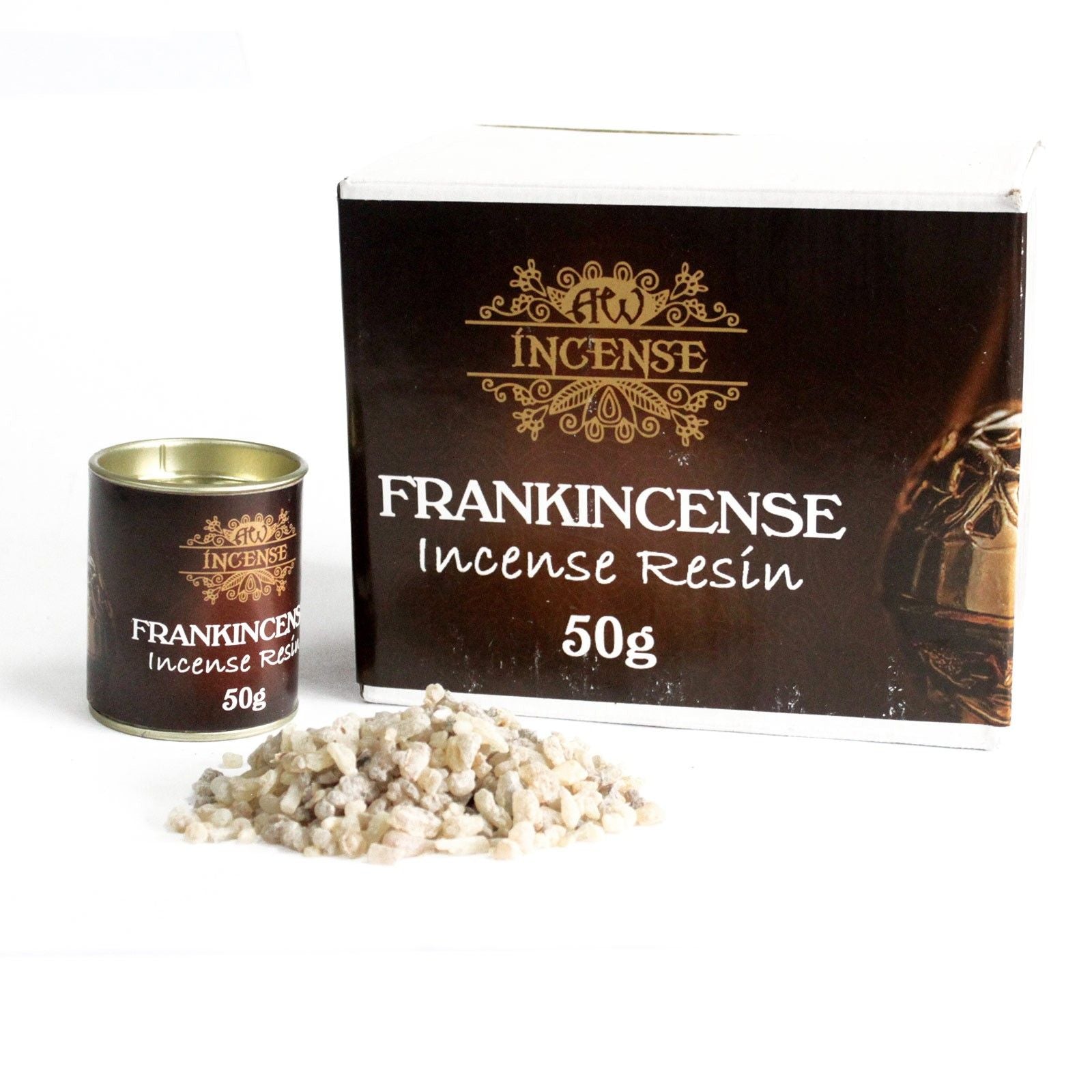 Weihrauch Räucherharz in einer 50g Dose mit Harz daneben.