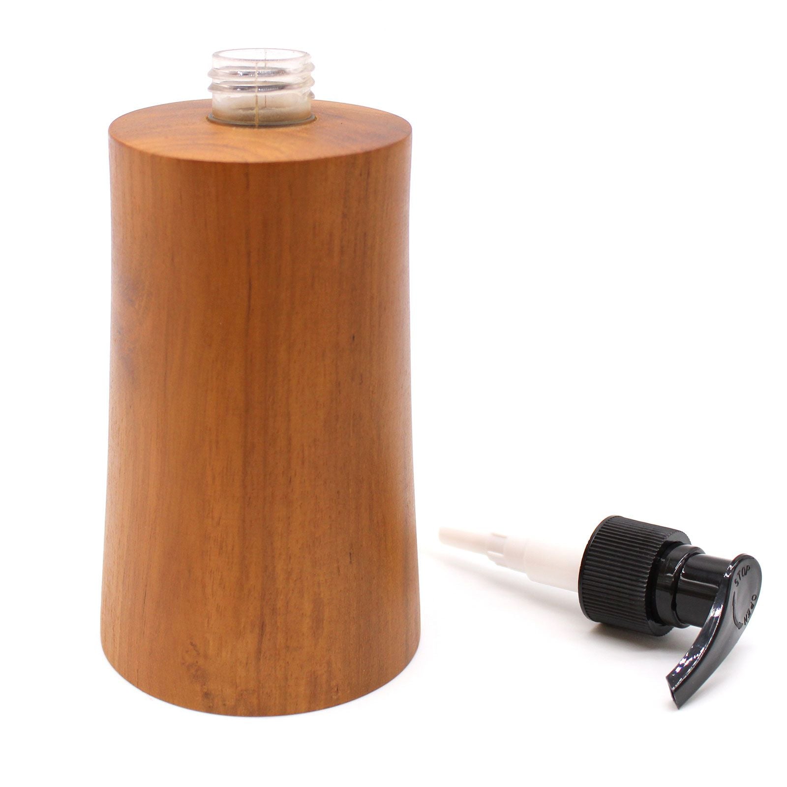 Natural teakwood soap dispenser with a black pump dispenser.