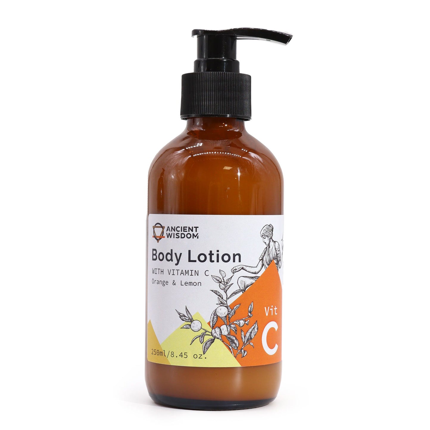 Vitamin-C-Körperlotion mit Orange und Zitrone in brauner Flasche.