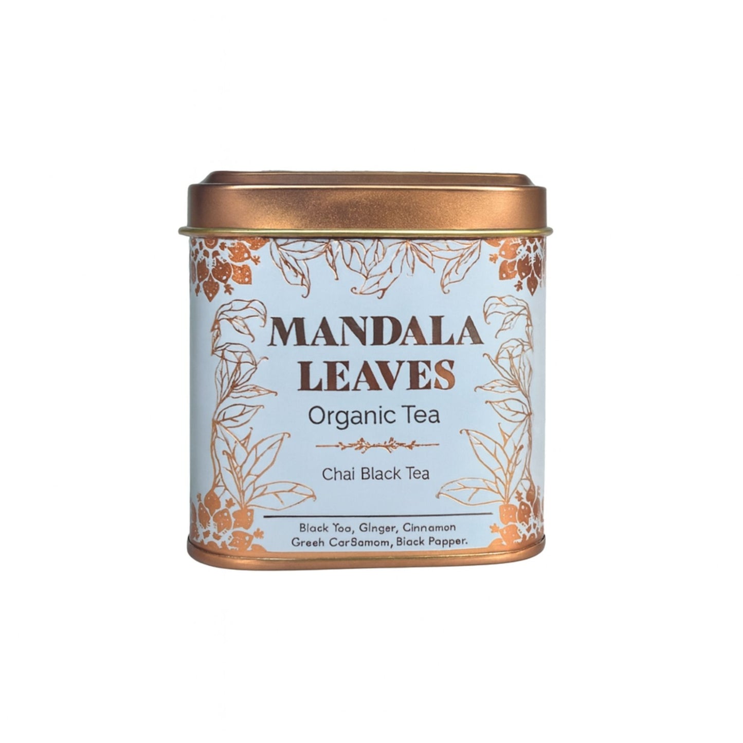 Bio Chai Schwarztee in einer verzierten Dose mit Gewürzen.