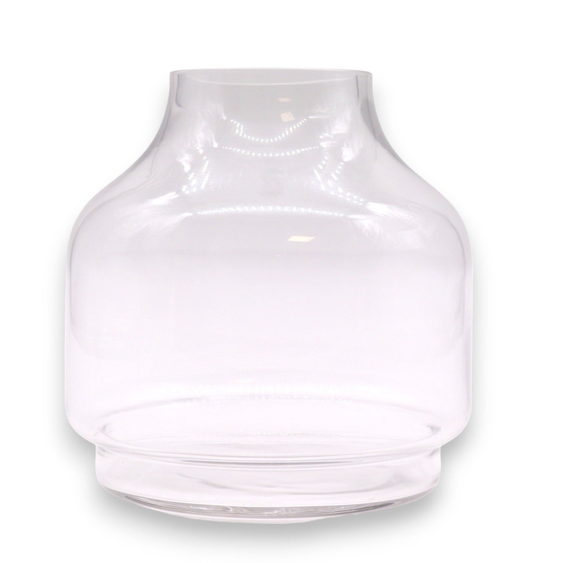Clear glass terrarium with a rounded top and a wide base.