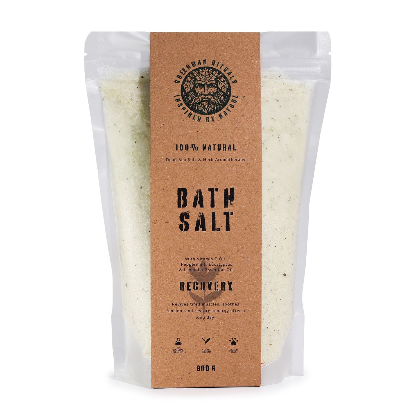 Greenman Rituals Recovery bath salt in a resealable pouch.