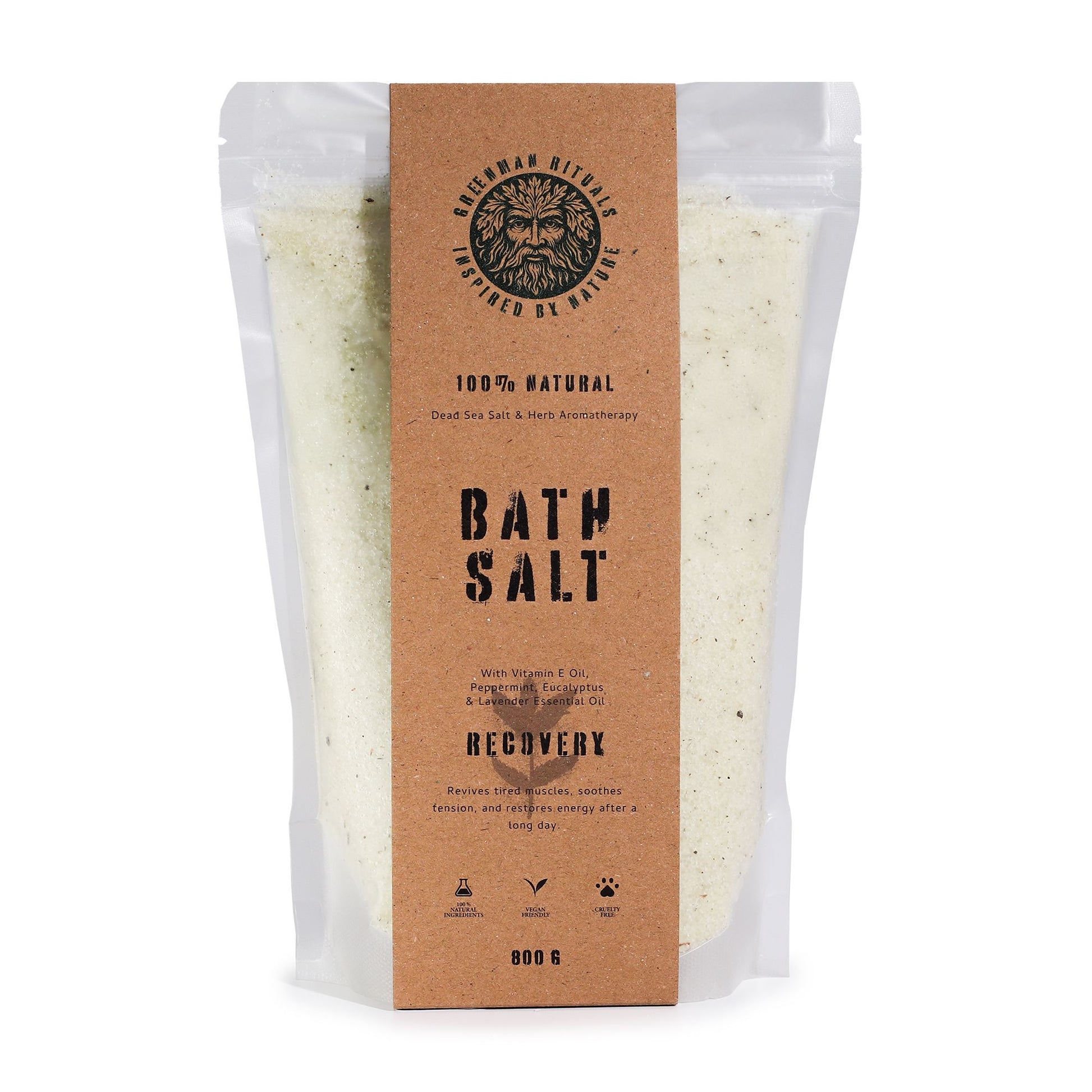 Greenman Rituals Recovery bath salt in a resealable pouch.