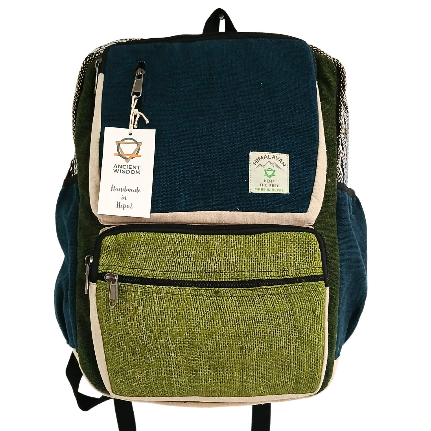 Großer Hanfrucksack in Teal & Sage, handgefertigt in Nepal.