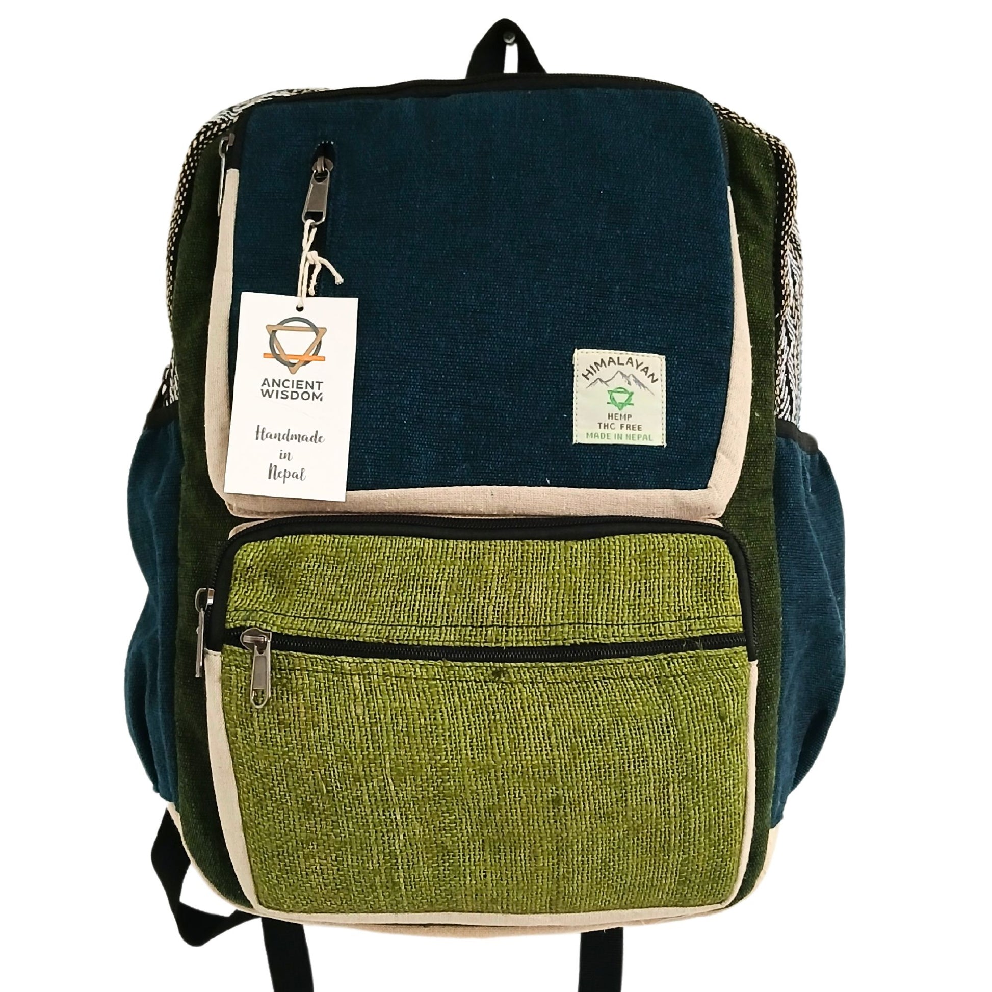 Großer Hanfrucksack in Teal & Sage, handgefertigt in Nepal.