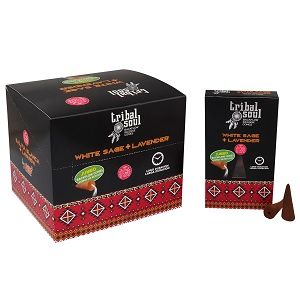Tribal Soul Räucherkegel Weißer Salbei Lavendel in schwarzer Verpackung.