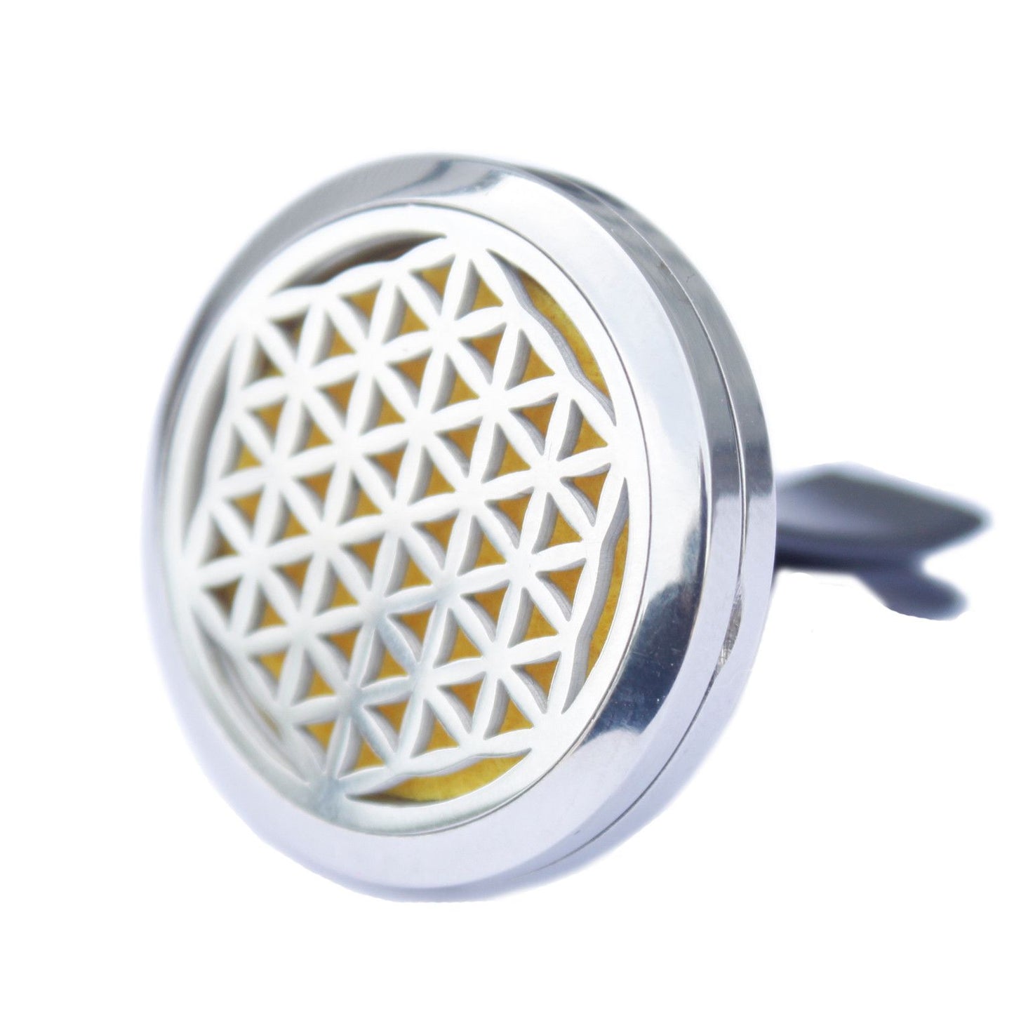 Auto-Aroma-Diffuser mit Lebensblumen-Muster und Edelstahlgehäuse.