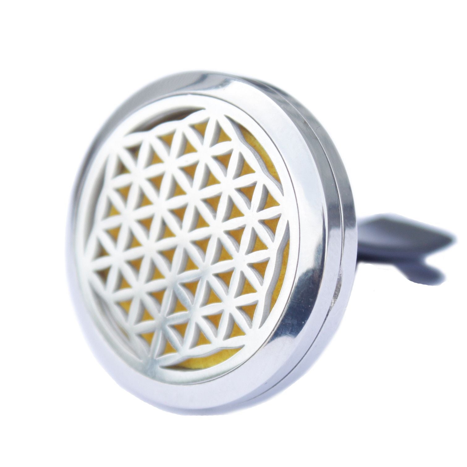 Auto-Aroma-Diffuser mit Lebensblumen-Muster und Edelstahlgehäuse.