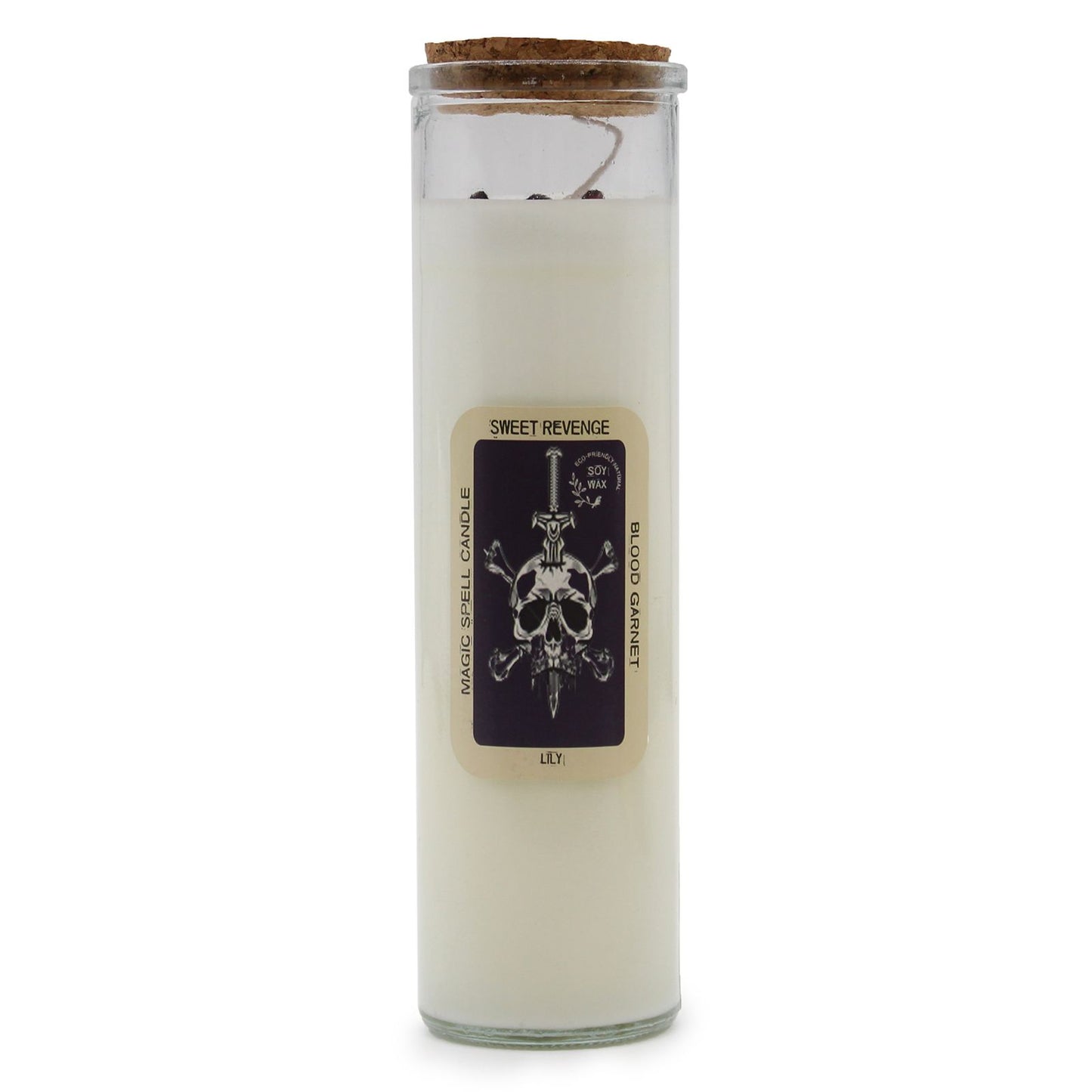 Ritualkerze Sweet Revenge mit Totenkopf-Symbol und Edelsteinen.