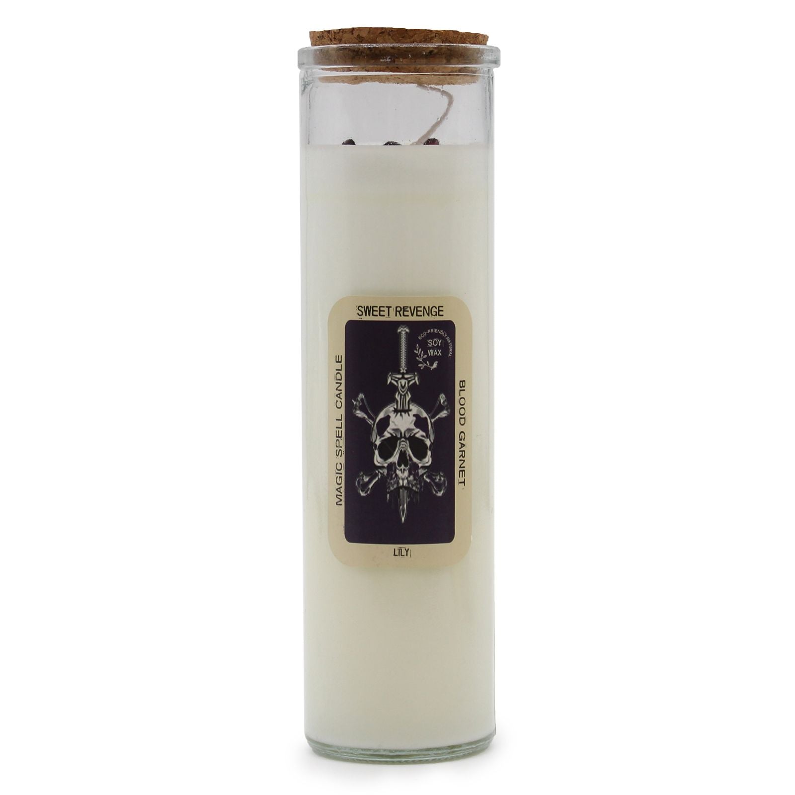 Ritualkerze Sweet Revenge mit Totenkopf-Symbol und Edelsteinen.