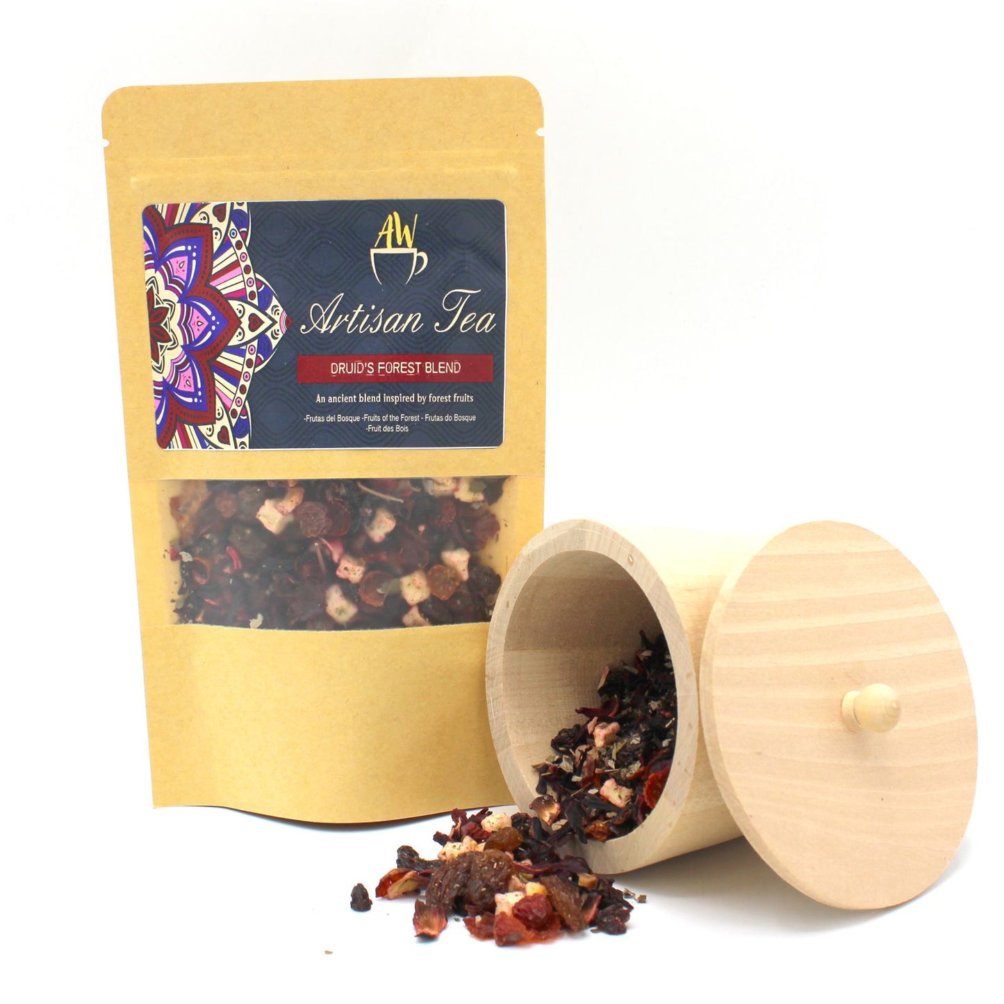 A bag of Druid's Forest Blend tea next to a wooden container of loose tea.