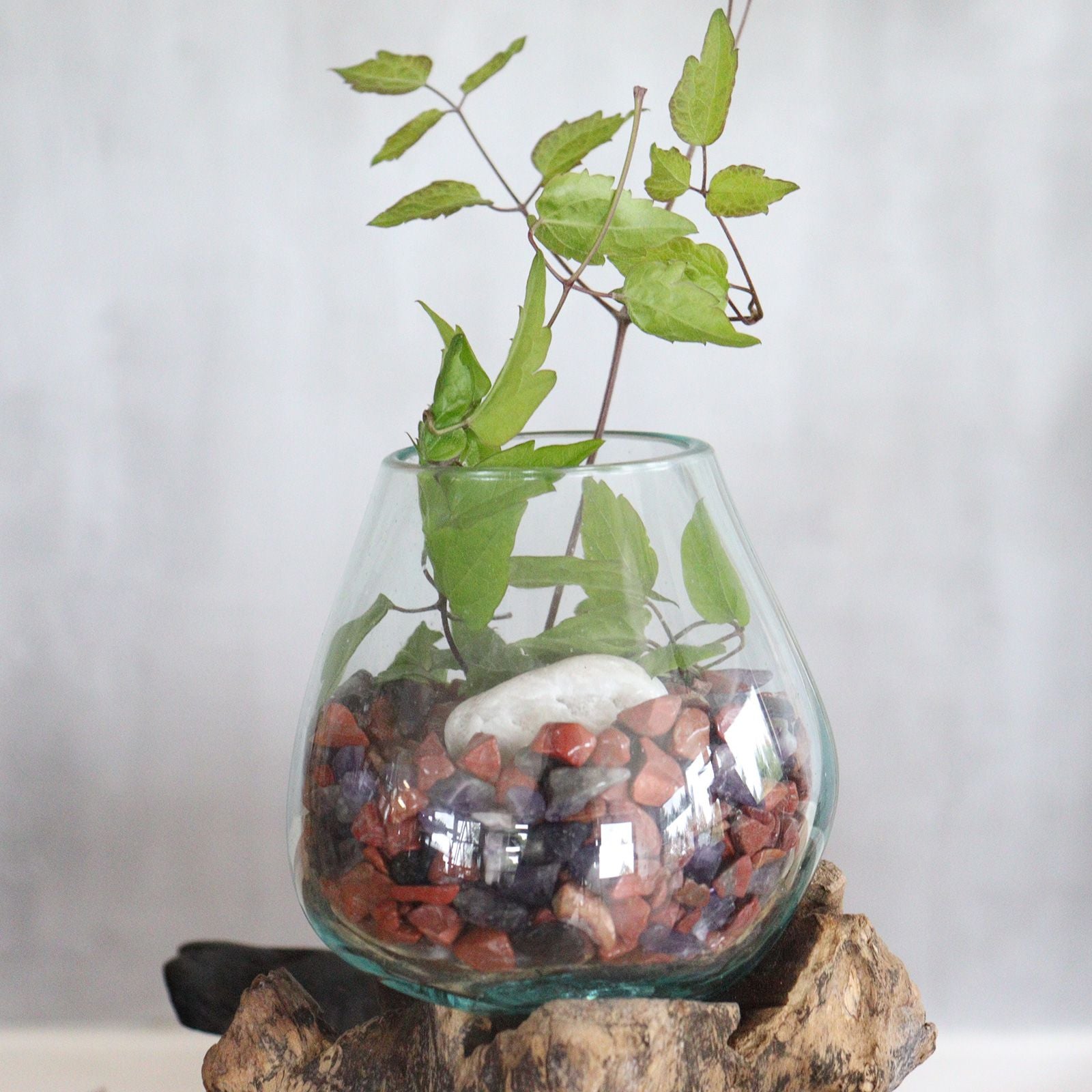 Molten glass bowl filled with stones and a plant, resting on a wooden stand.