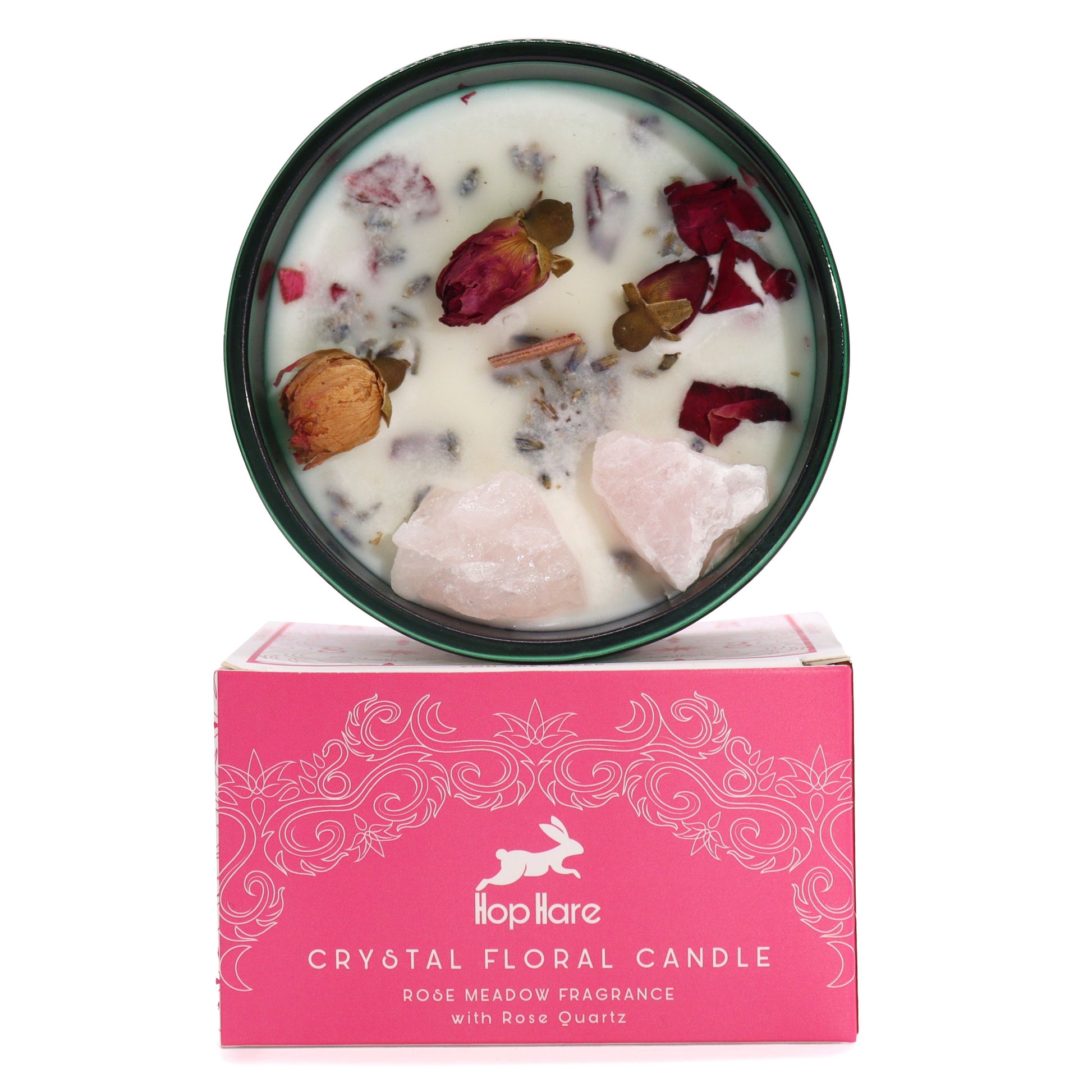 Kristallkerze aus Sojawachs mit Rose, Salbei und Rosenquarz in grünem Glas.