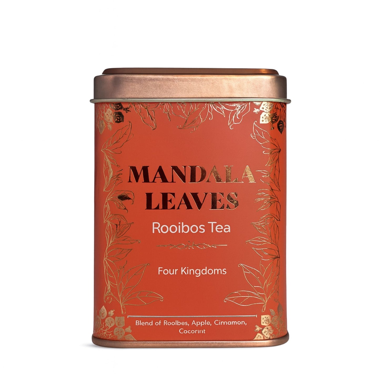 Orange tea tin with gold leaf design, featuring "Mandala Leaves Rooibos Tea Four Kingdoms".