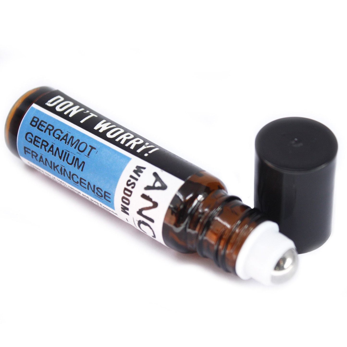 10ml Roll-On "Don't Worry!" with Bergamot, Geranium, and Frankincense essential oils.