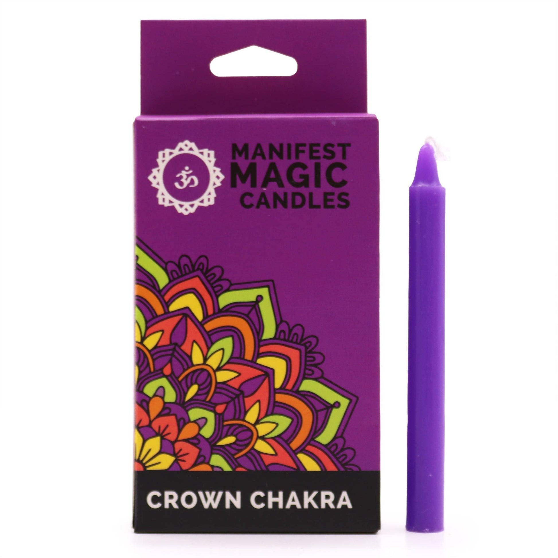 Lila Manifestationskerze "Crown Chakra" in einer lila Box mit Mandala-Design.