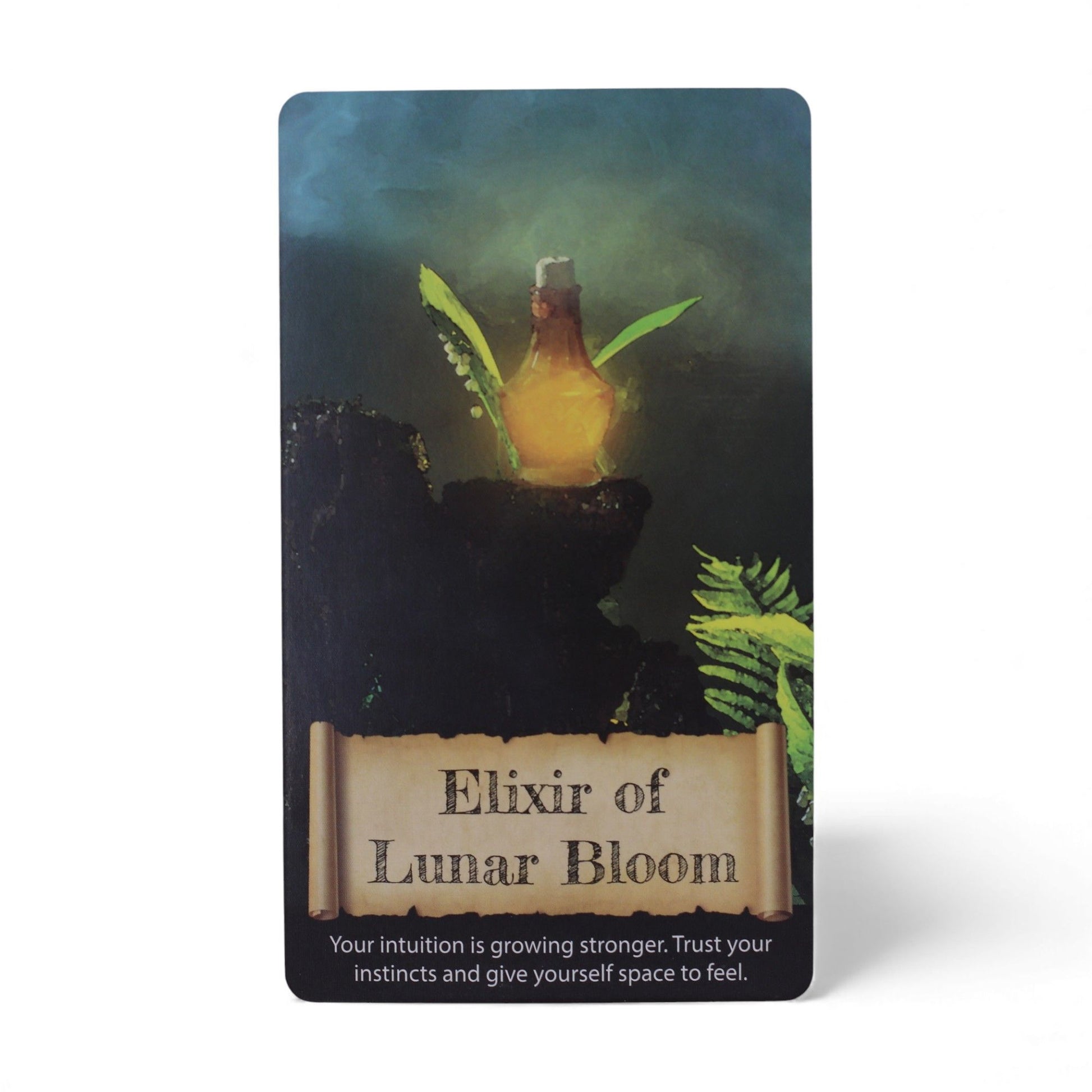 Orakelkarte "Elixir of Lunar Bloom" mit einer Flasche Elixier und Text.