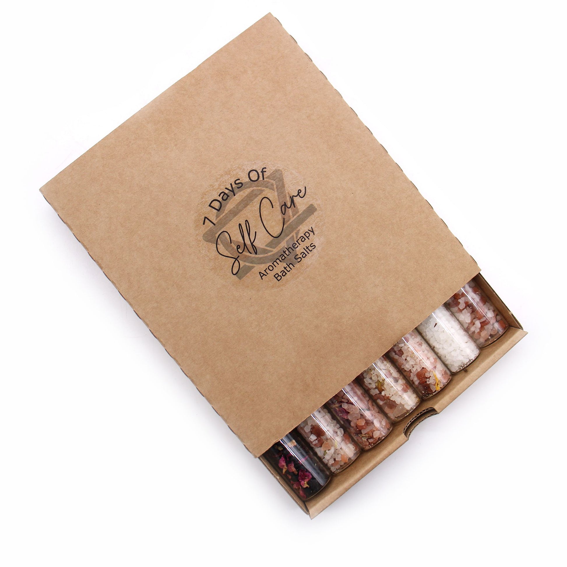 Gift pack of 7 vials of bath salts in a cardboard box.