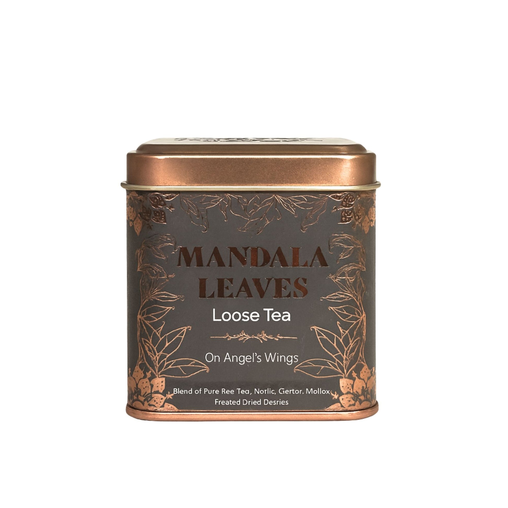 Mandala Leaves Loose Tea tin with "On Angel's Wings" label.