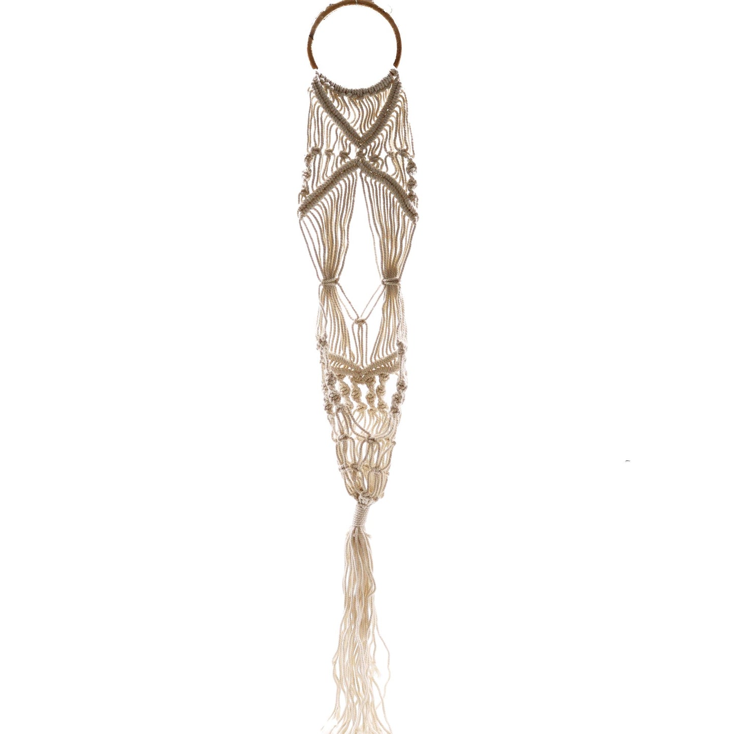 Langer, schmaler Makramee-Blumentopfhalter aus Baumwolle mit Quaste.