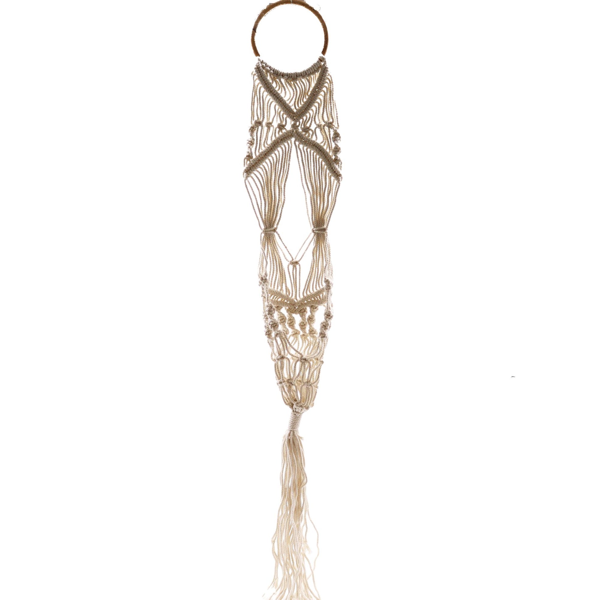 Langer, schmaler Makramee-Blumentopfhalter aus Baumwolle mit Quaste.