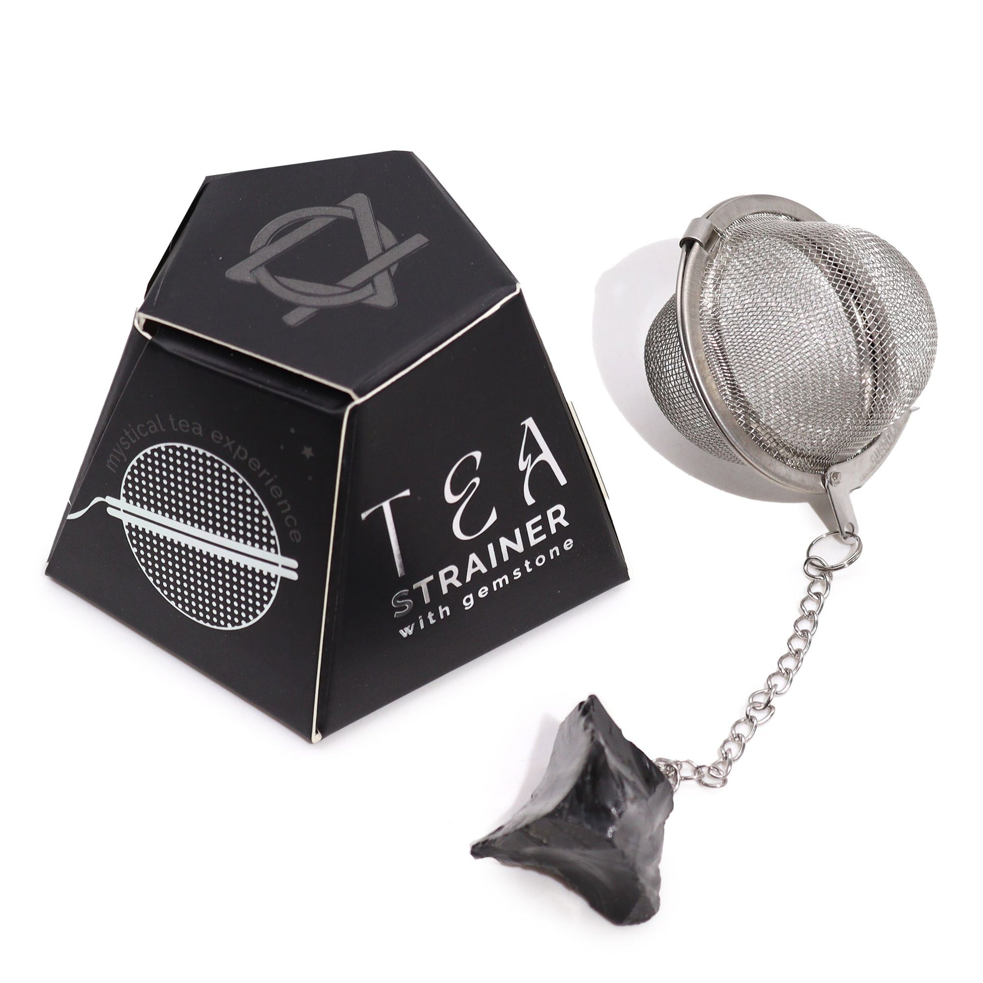 Teesieb aus Edelstahl mit schwarzem Obsidian-Anhänger und passender Geschenkbox.