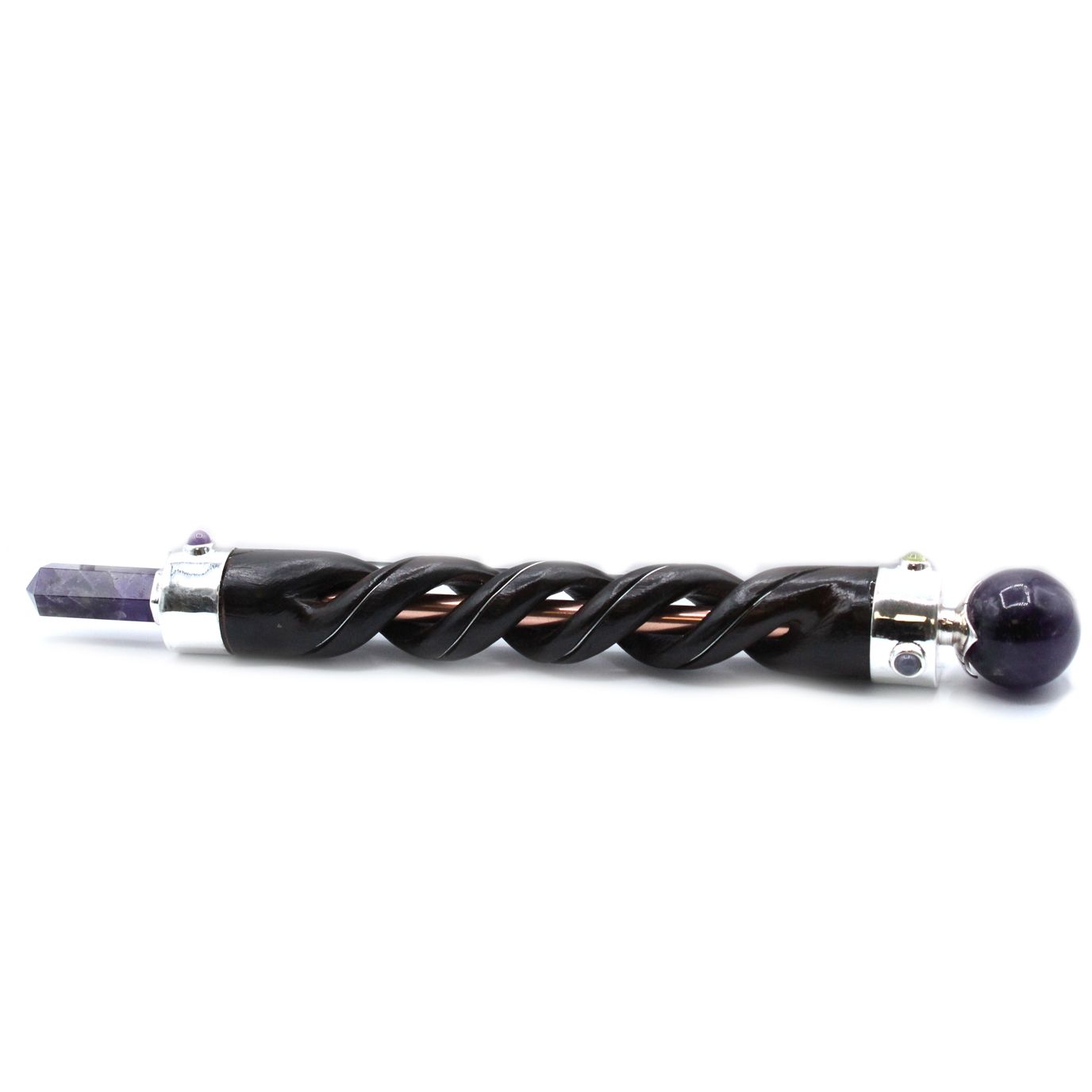 Spiral carved wooden wand with copper wire, amethyst point, and amethyst sphere.
