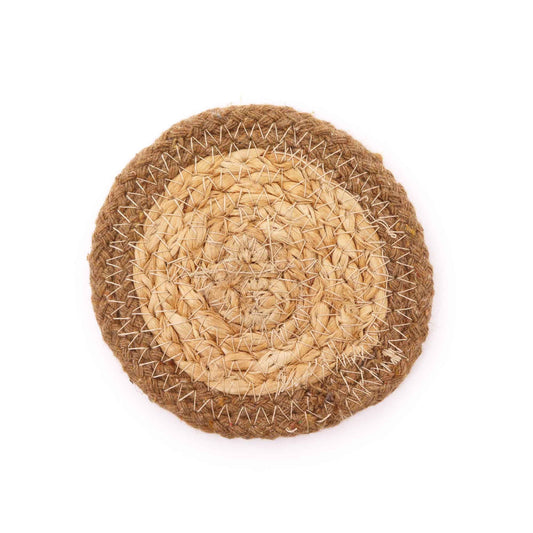 Round jute and cotton coaster with a natural border.