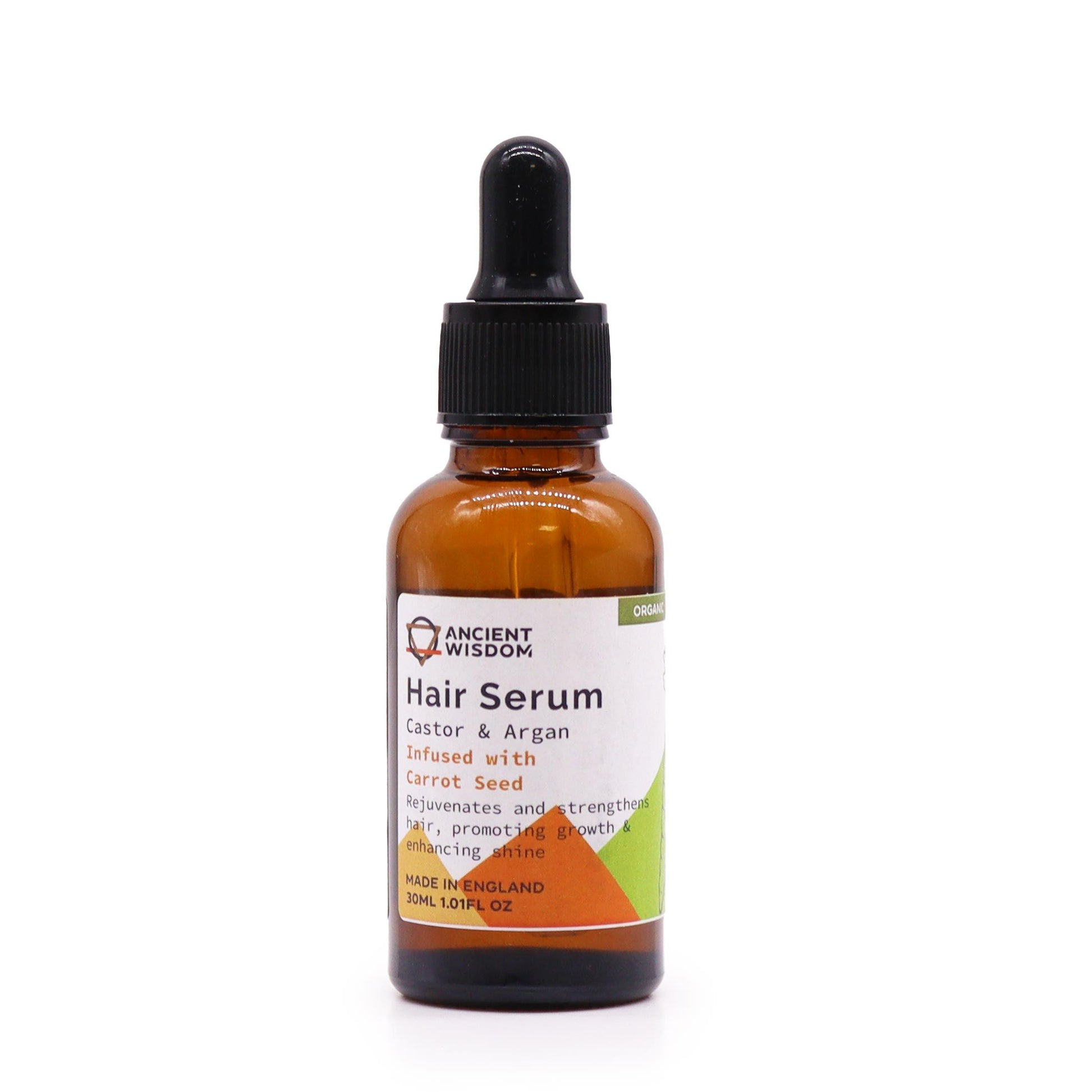 Braunes Glasfläschchen mit schwarzem Tropferdeckel und einem Etikett für Ancient Wisdom Hair Serum.