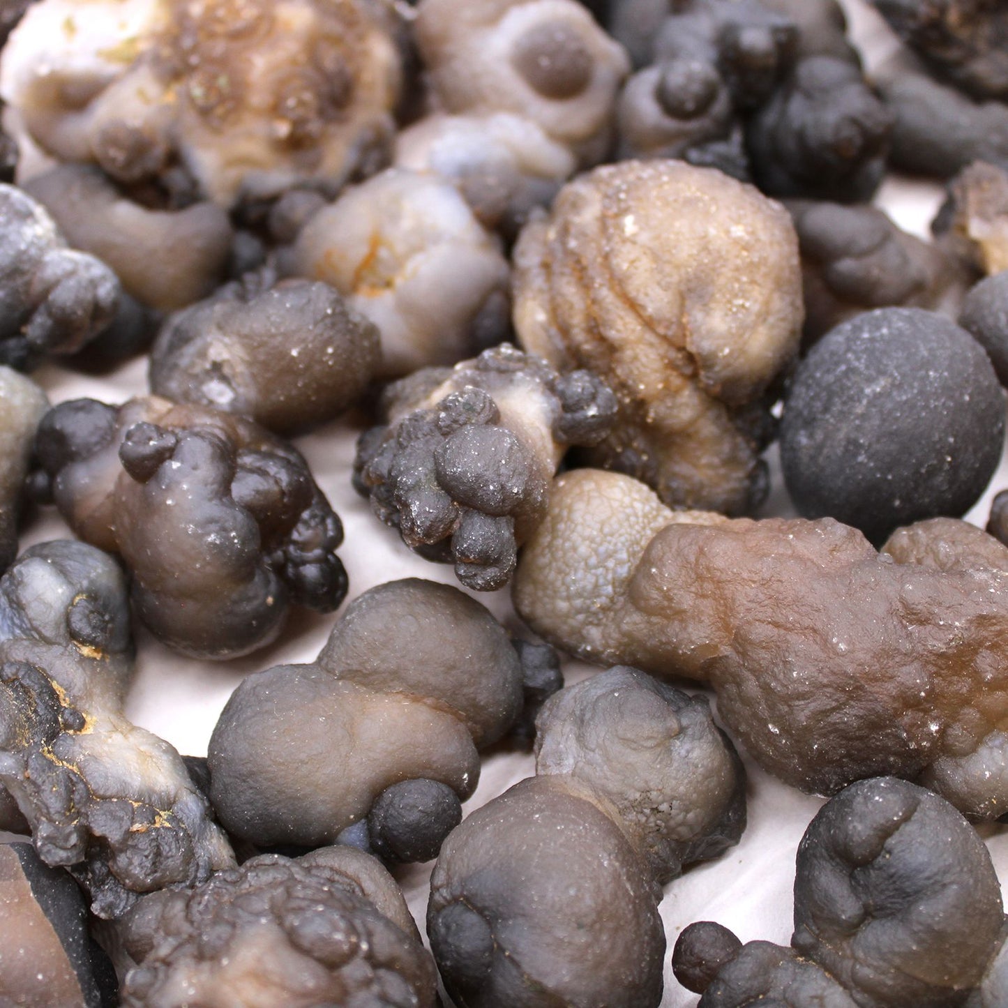 Rohsteine aus Chalcedon in verschiedenen Grautönen und Formen.