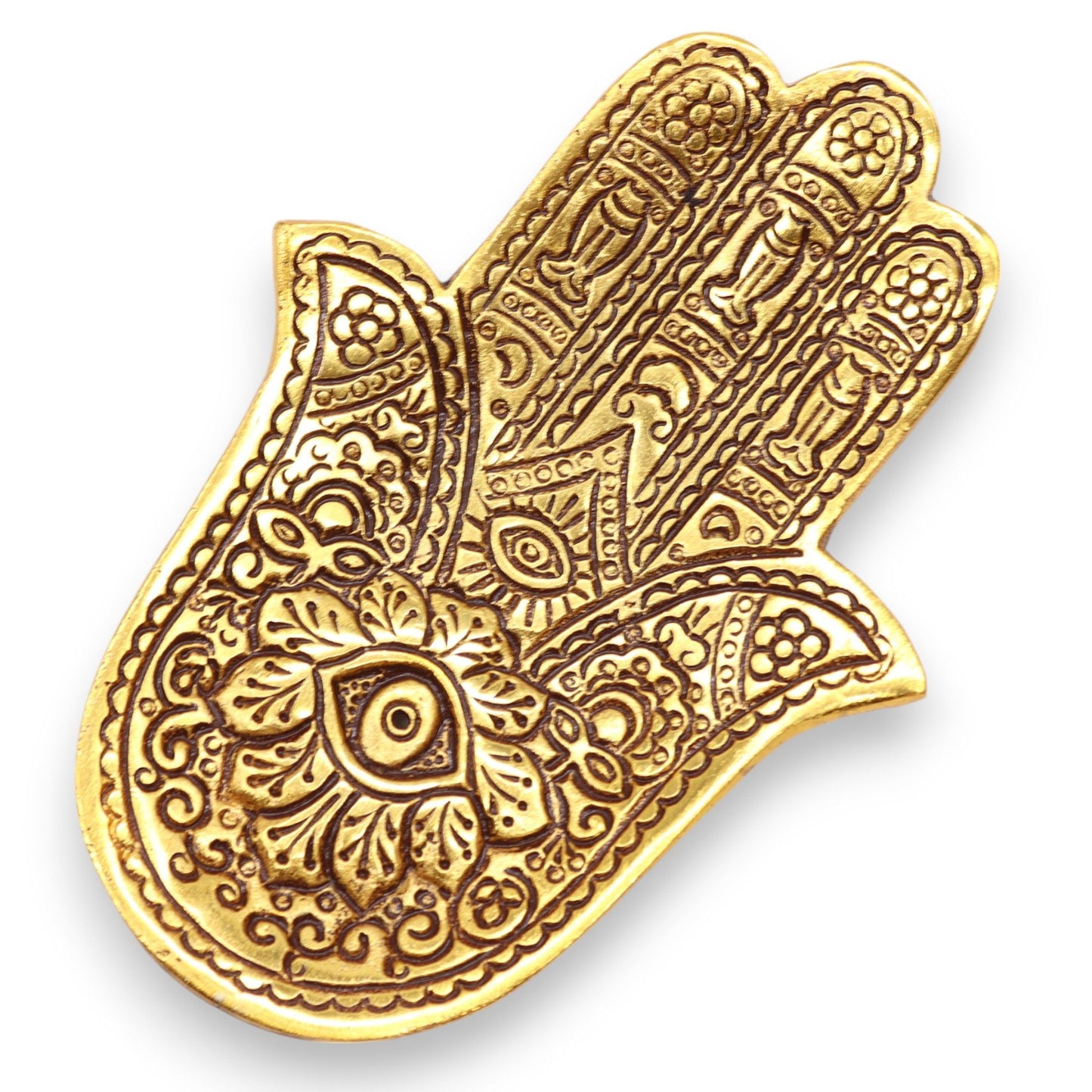 Gold aluminum small Hamsa incense holder with intricate detailing.