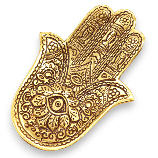 Gold aluminum small Hamsa incense holder with intricate detailing.