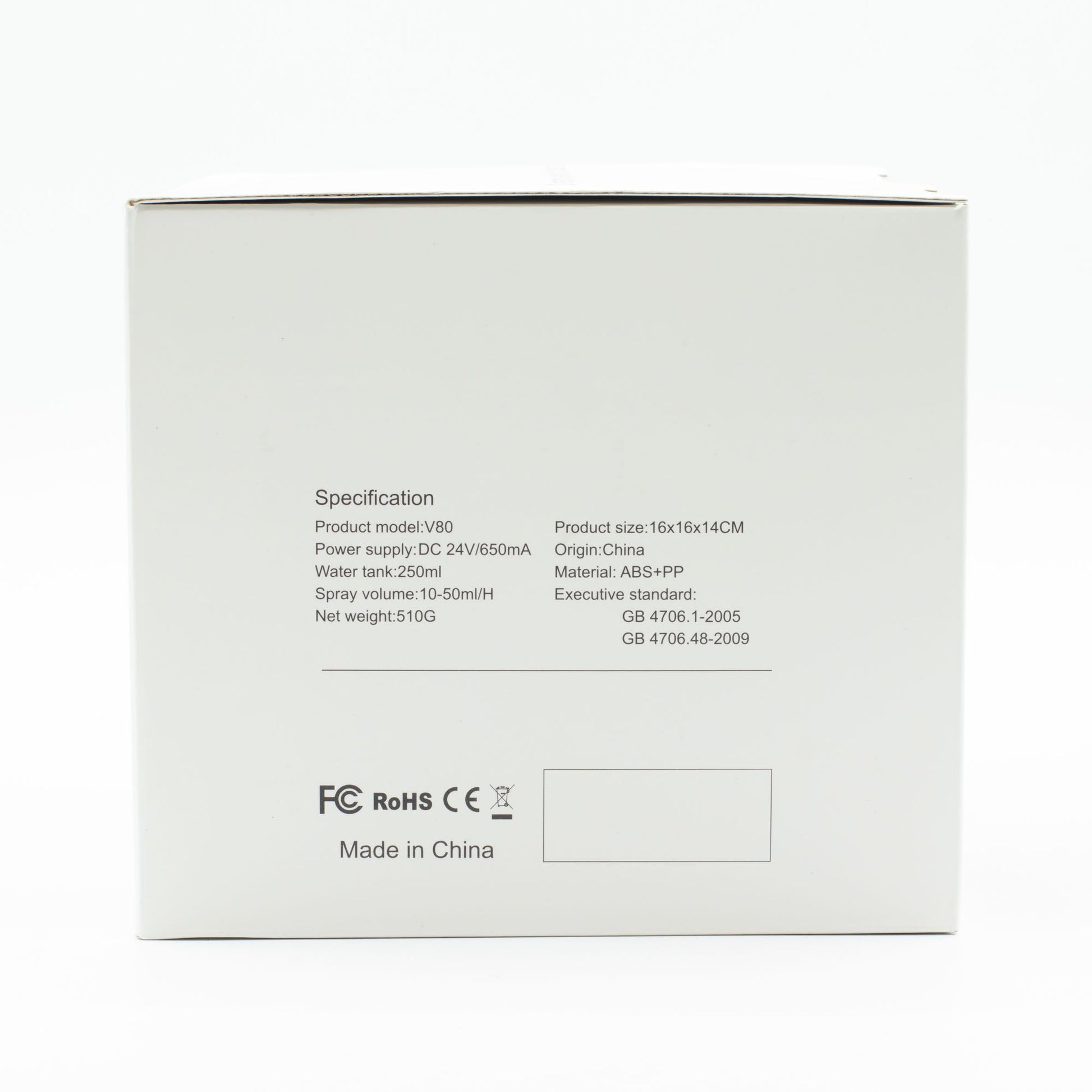 A white box with product specifications and certifications.