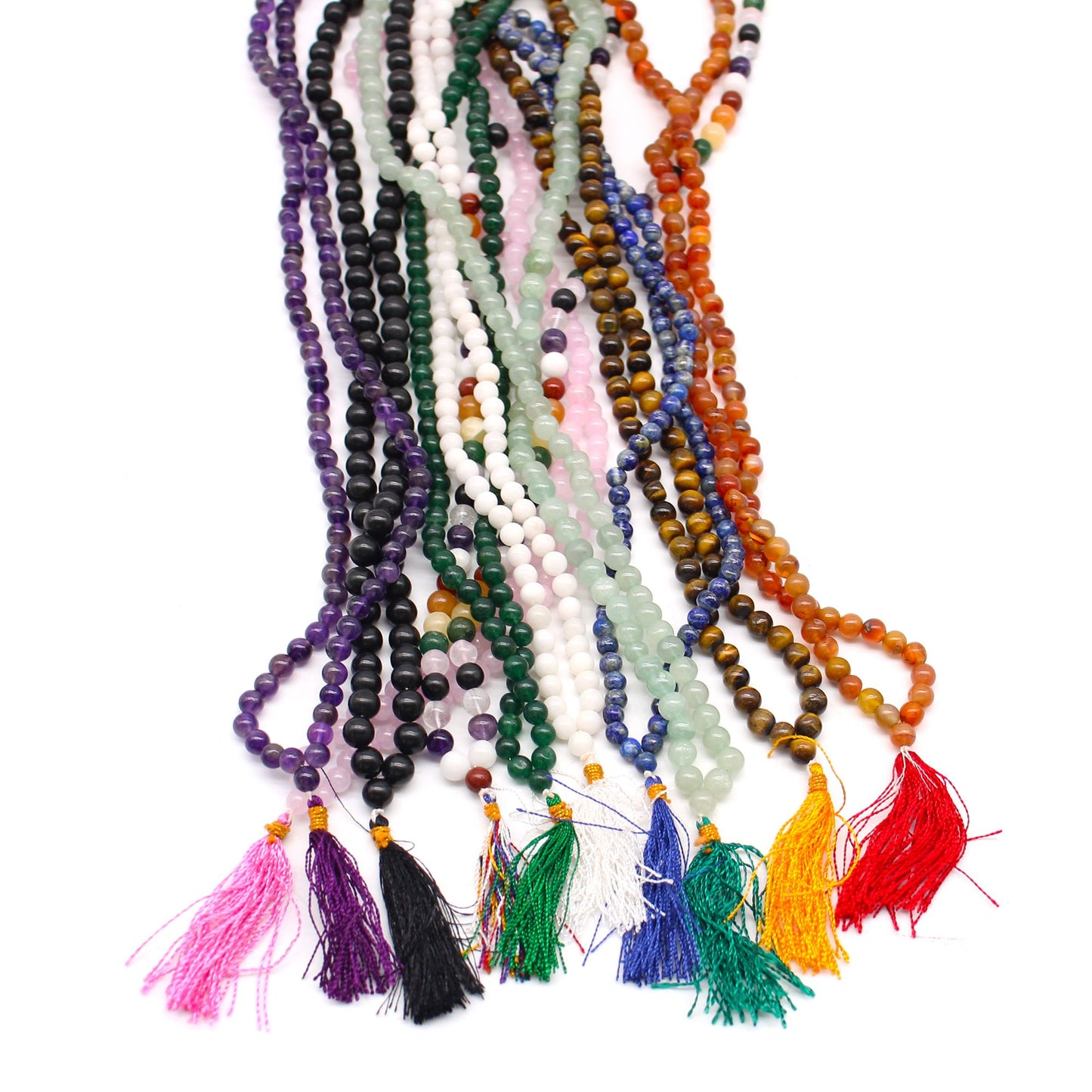 A strand of 108 amethyst beads with colorful tassels.