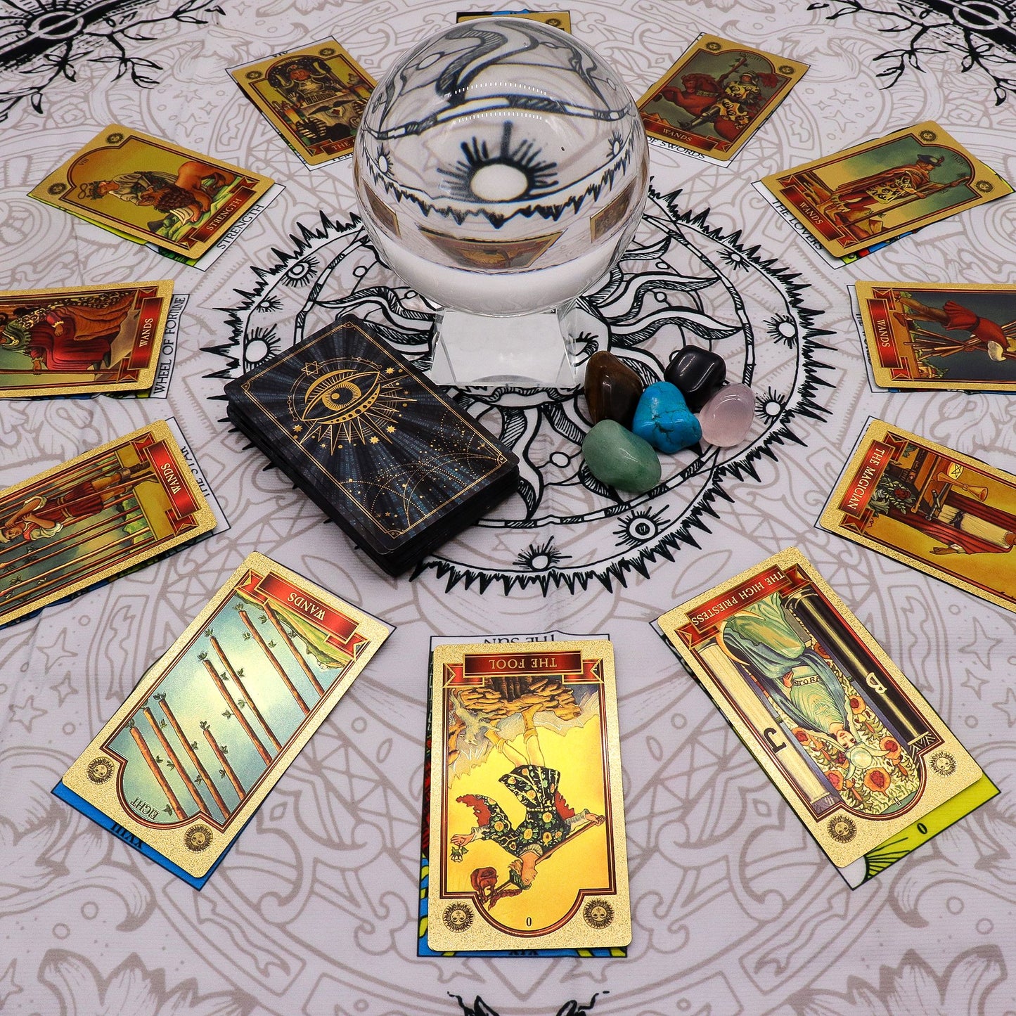 Tarot reading cloth with a Tree of Life design, featuring tarot cards and a crystal ball.